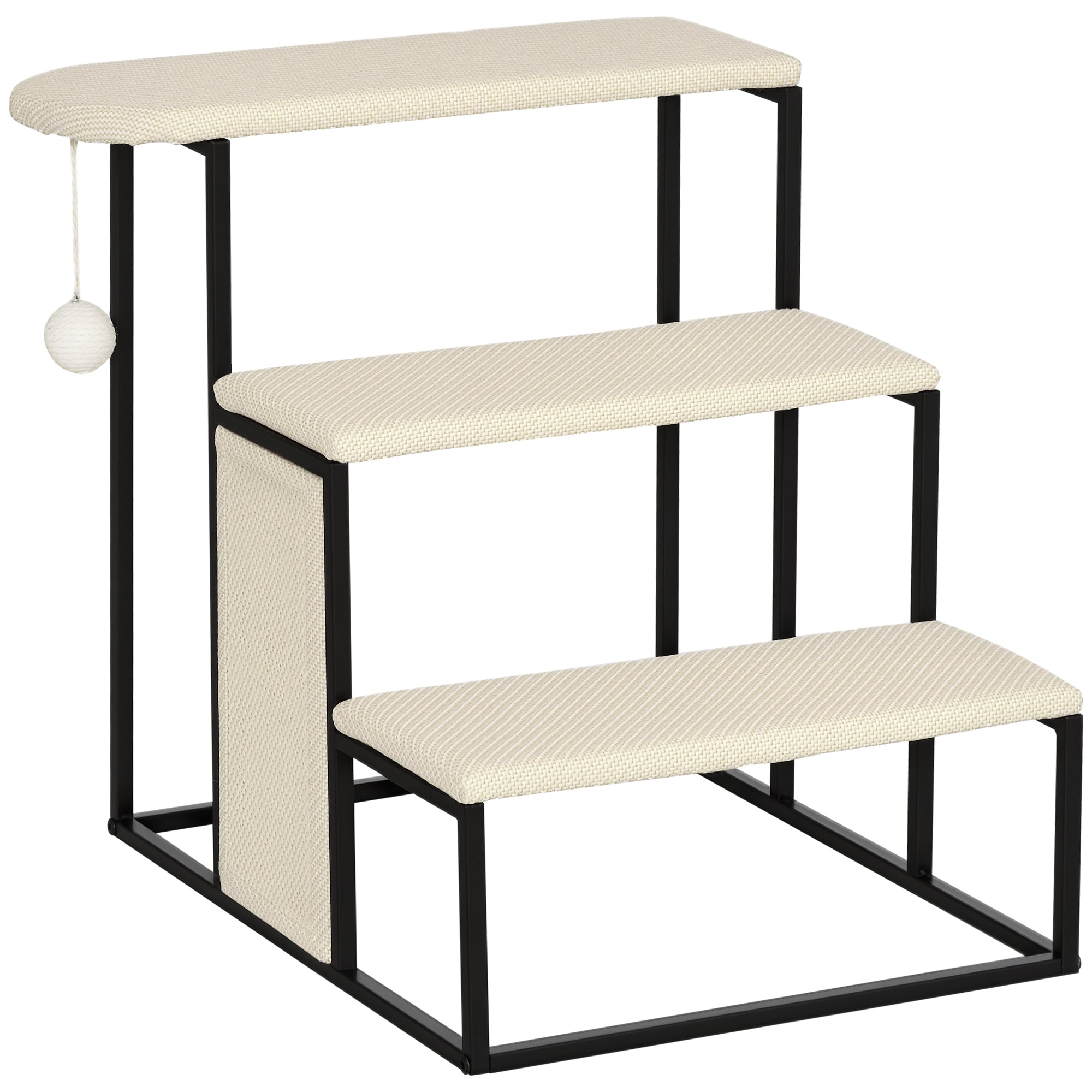 PawHut Pet Schody 3-Krokové Kočičí Schody Psí Schody se Škrabací deskou a Hračkou Doplňková Pomoc Praktické a Lehká Zvířecí Schody Ocel Sisal Krémově bílá+Černá 51 cm x 53 cm x 53 cm