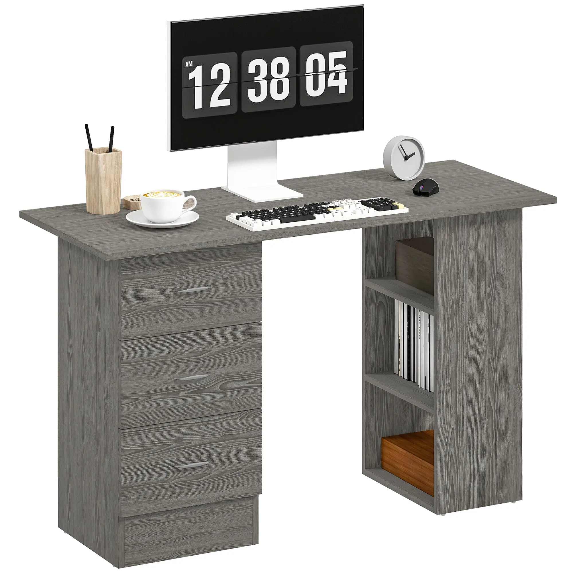 Computer Desk with 3 Drawers & 3 Open Shelves, 47.2 x 19.3 x 28.3 in (120 x 49 x 72 cm), Reversible Storage, Modern Gray