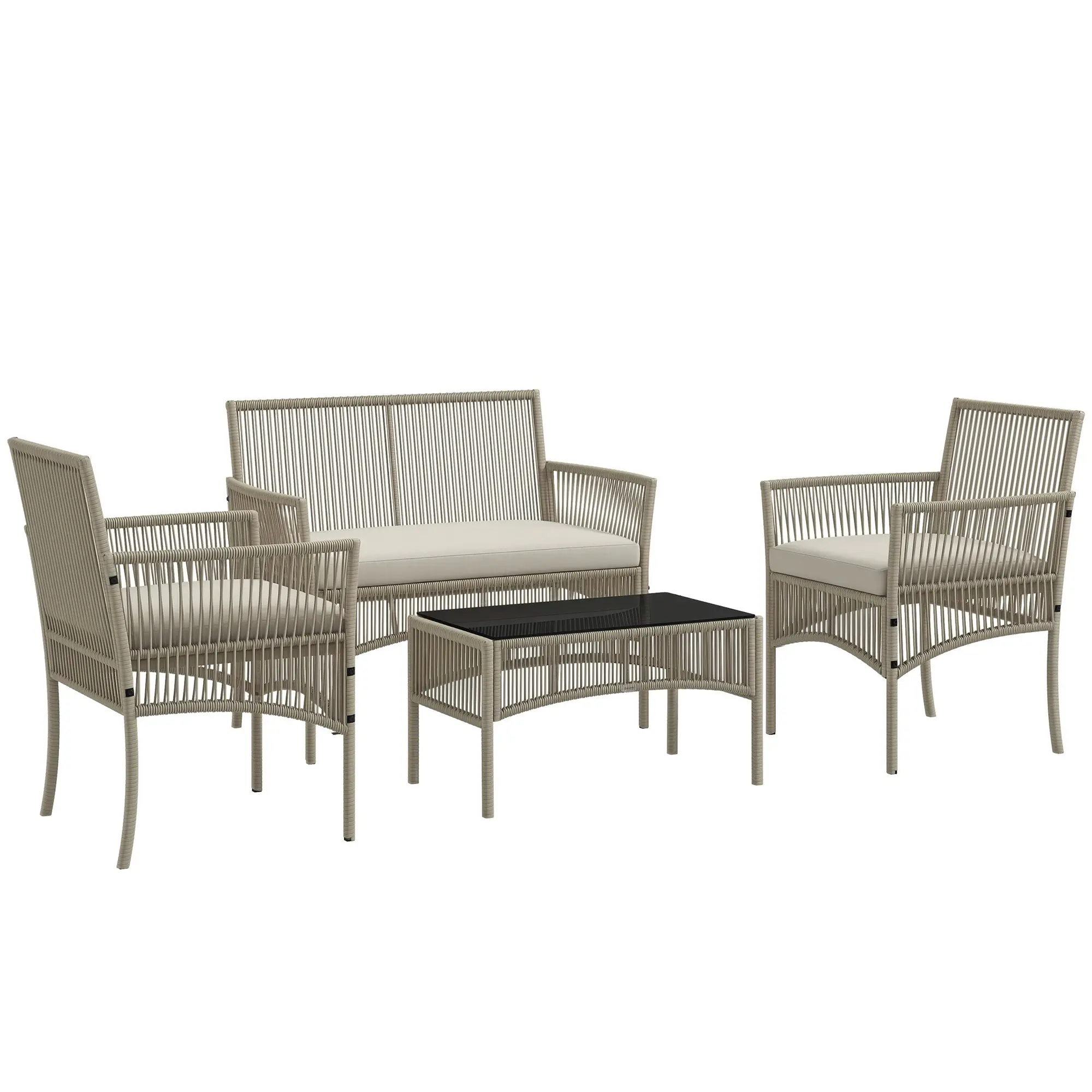 Rattan Garden Furniture Set 4-Piece Patio Furniture Set with 1 Double Sofa, 2 Armchairs Cushions and 1 Glass-Topped Coffee Table for Outdoor Khaki