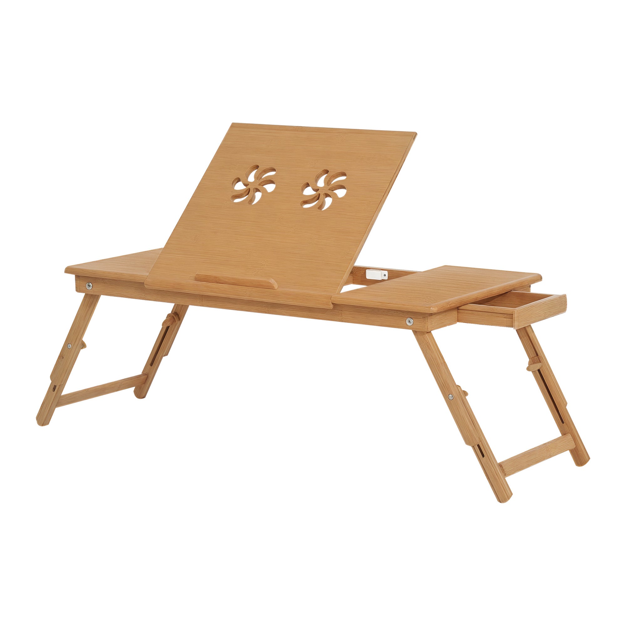 HOMCOM Bambus Laptop Computertable Bed Tray Morgenmad Sammenklappelig Justerbar Højde Reclining Lap Desk med 1 Skuffe 72x35x22-30cm