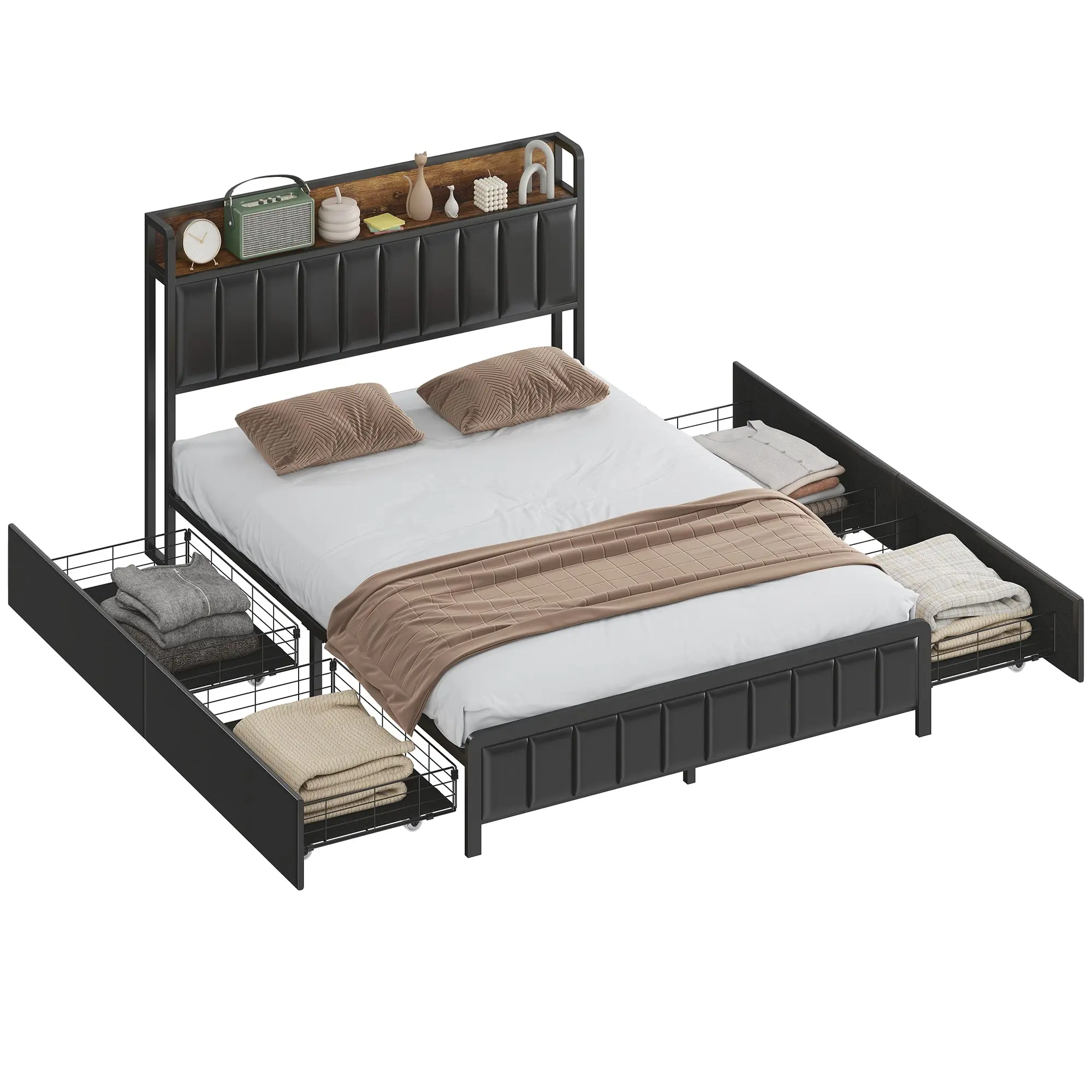 Double Bed Frame 140 x 190 cm (55.1 x 74.8 in) with Metal Slatted Base, PU-Upholstered Headboard & Footboard, 4 Drawers and Shelf, Noise-Reducing, Industrial Black