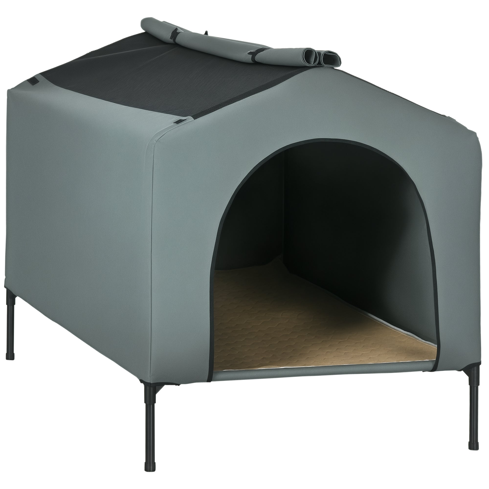 PawHut Hundehus med Udendørs Dæk 130x85x95 cm Hævet Kæledyrseng med Pude og Rullesidevinduer til Store Hunde Grå