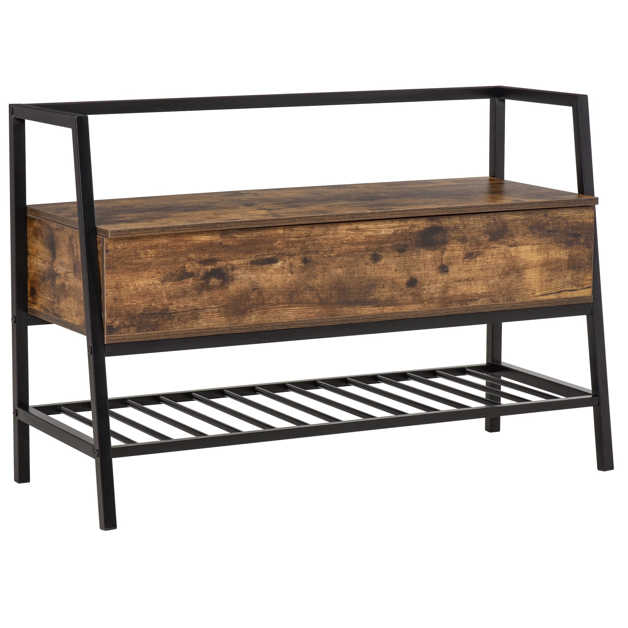 HOMCOM Schuhbank im Industrial Style mit Stauraum, Vintage Platzsparende Schuhbank aus Holz und Metall, Rustikbraun, 90x37x60cm