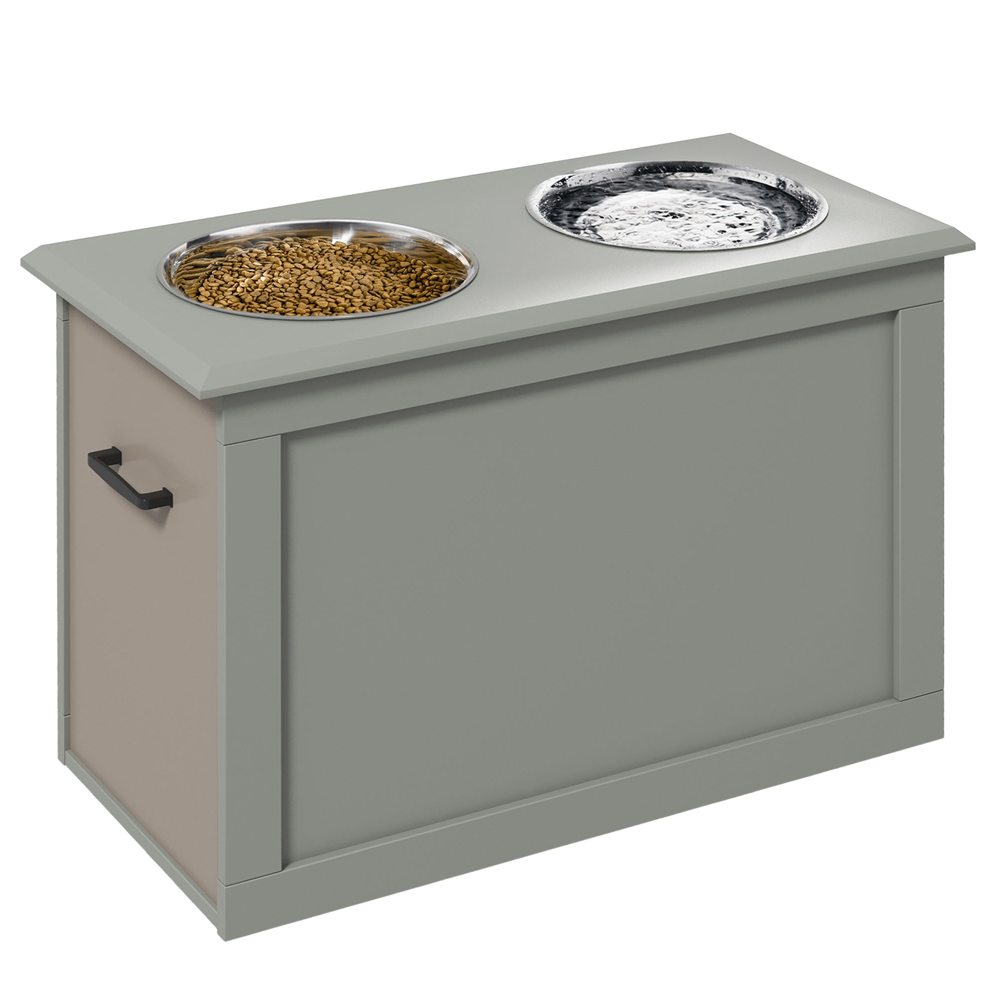 PawHut Erhöhte Futterstation für Hunde mit Stauraum und Wasserschüssel, 2 x 2000 ml Edelstahl-Schüsseln, Futter- und Wassernapf für Hunde und Katzen, Grau