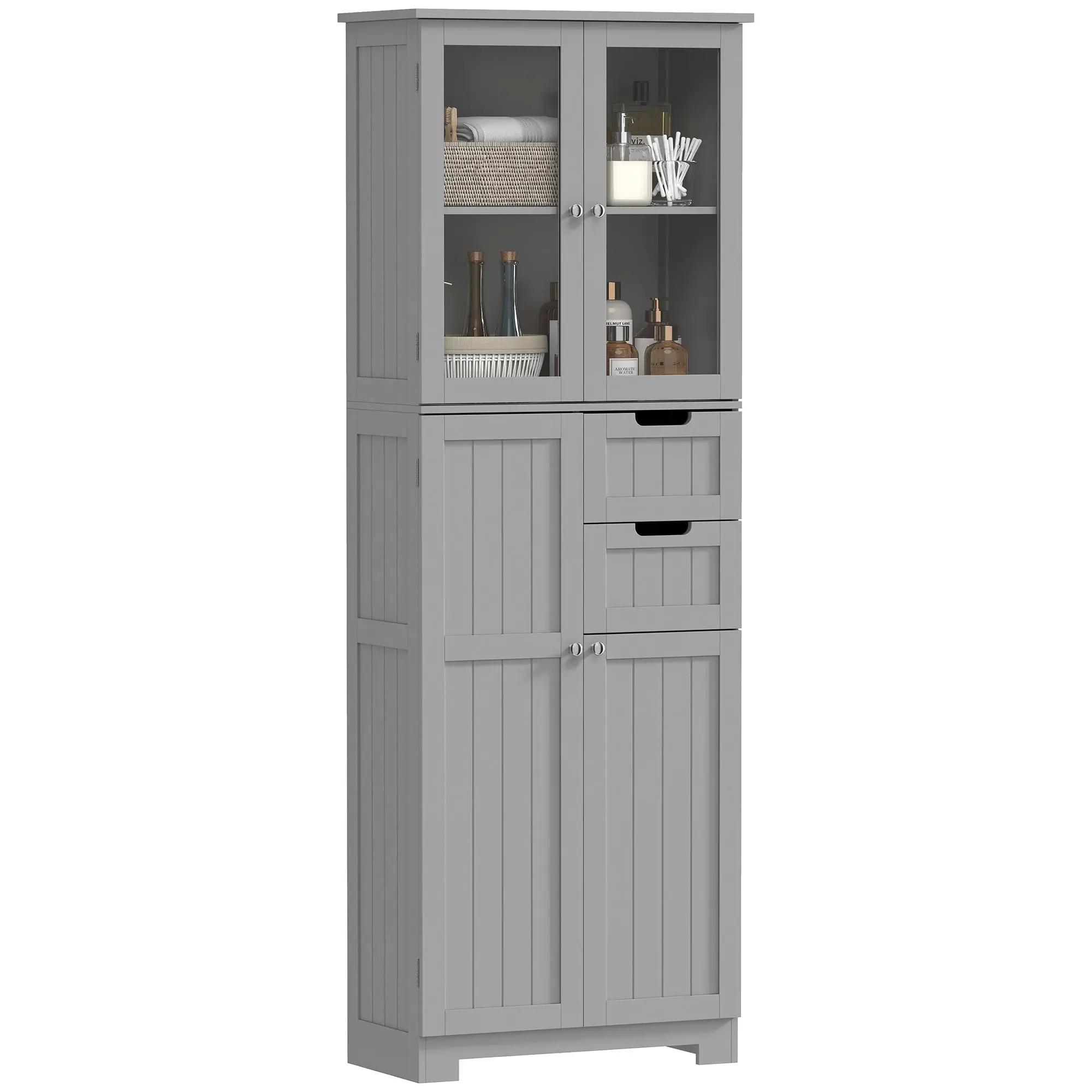 Tall Bathroom Storage Cabinet, Modern Gray, 4 Doors (2 Glass), 2 Drawers, Adjustable Shelves, 60 x 30 x 170 cm