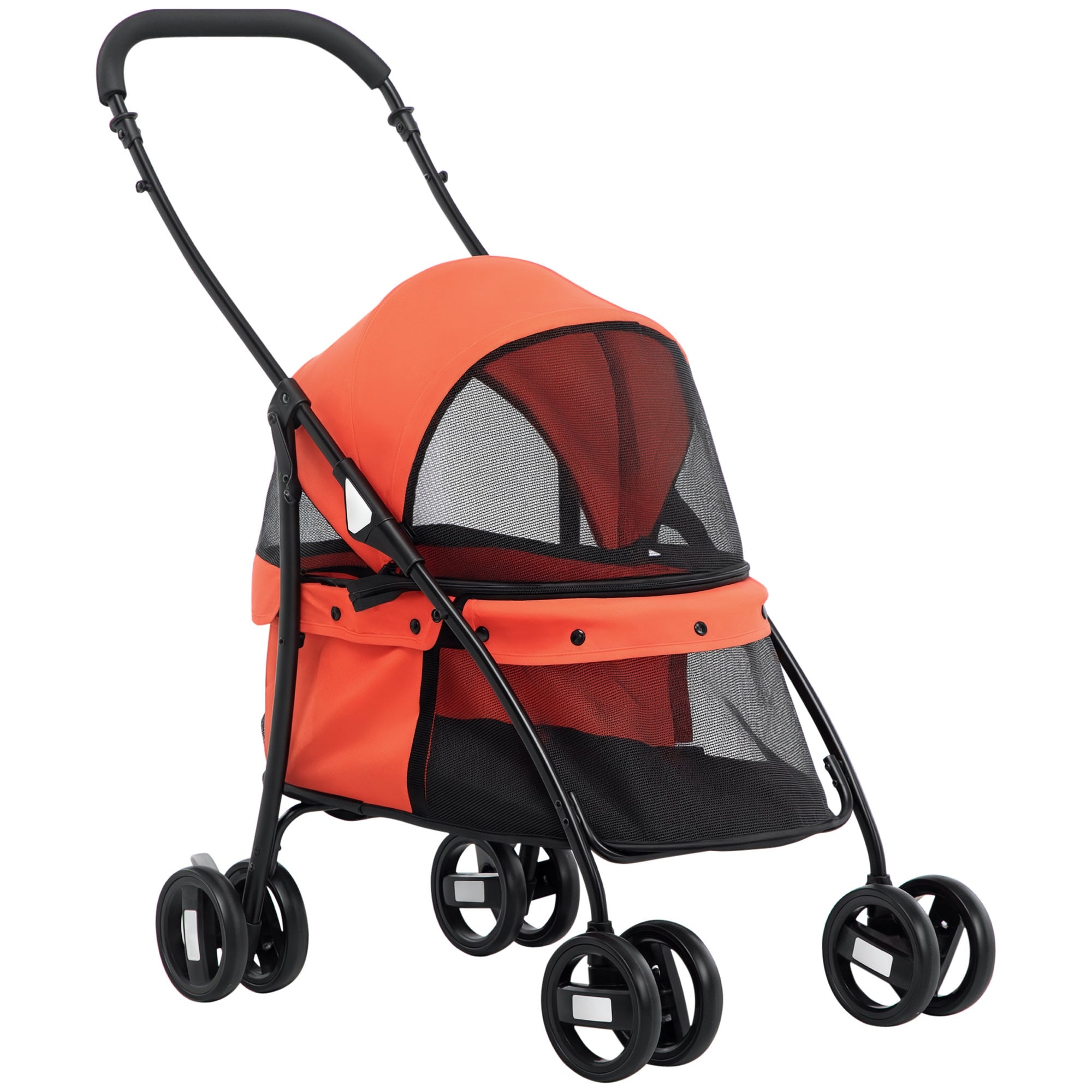 Folding Pet Stroller for Small Dogs with Mesh Windows Washable Cushion Safety Straps Steel Frame Holds 15 kg Red