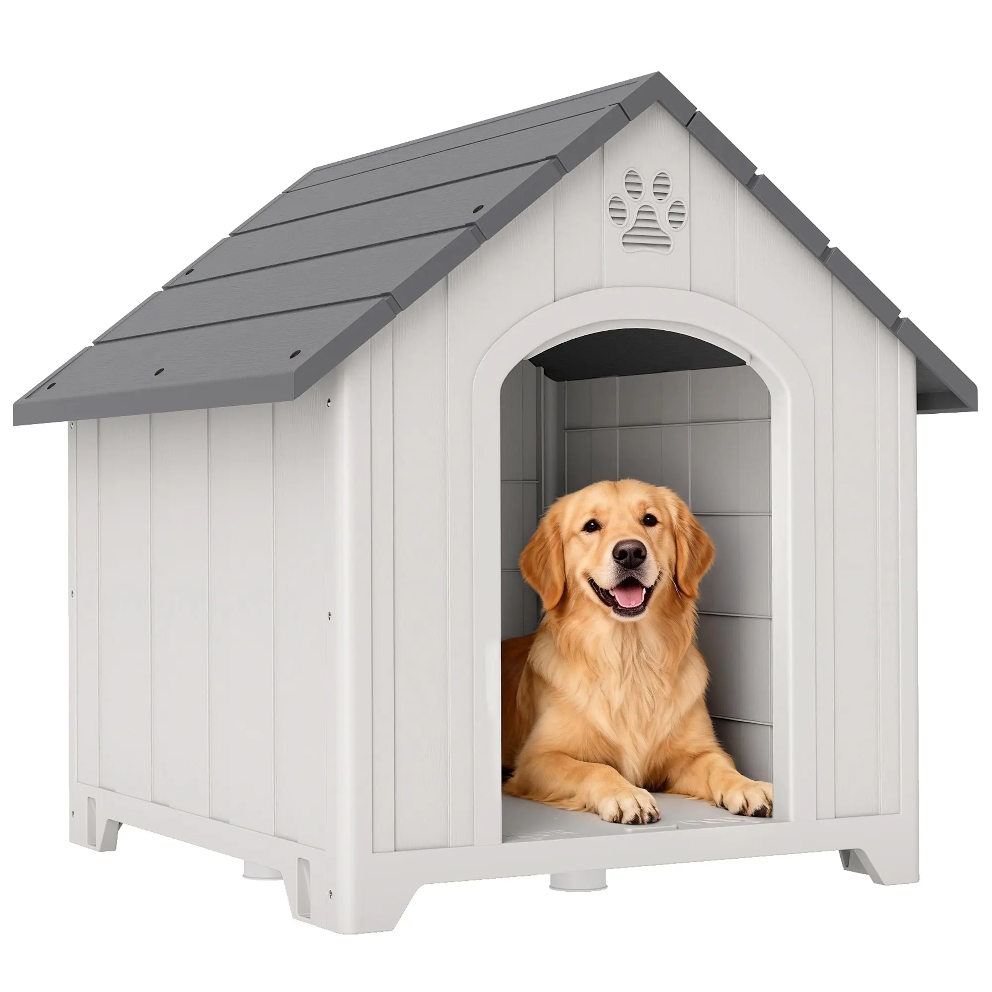 Waterproof Outdoor Dog House for Large Dogs — Raised Base, 2 Windows, Stakes, Easy Assembly, 34.6 x 31.1 x 35.0 in, Gray
