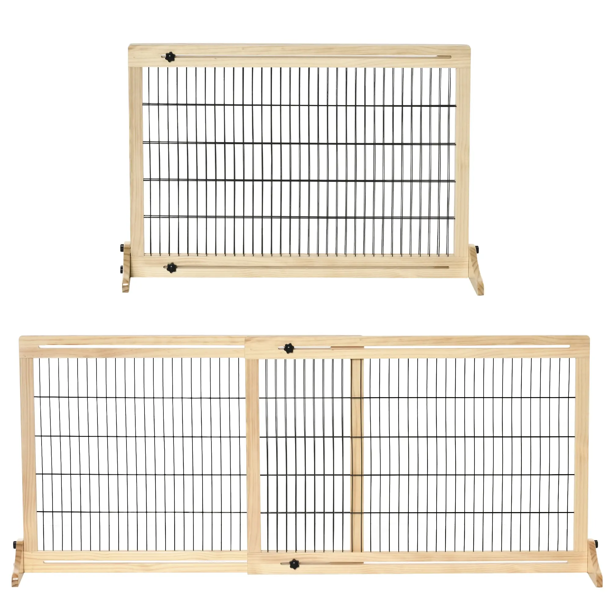 Wooden Dog Barrier, Extendable Door Guard with Foot Support, Freestanding Dog Gate, Stair Guard, Dog Barrier for Fireplace, Oven, Natural, 104-183 x 36 x 69 cm