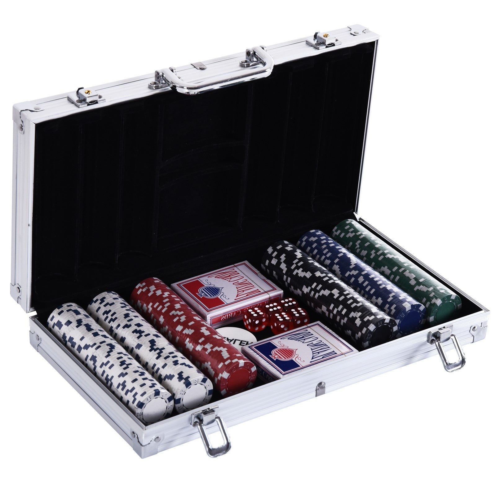 HOMCOM Zámkový pokerový kufr s 300 žetony, 5 kostkami a 2 balíčky karet – Kompletní pokerový set v aluminiovém kufru pro Texas Hold'em a Blackjack