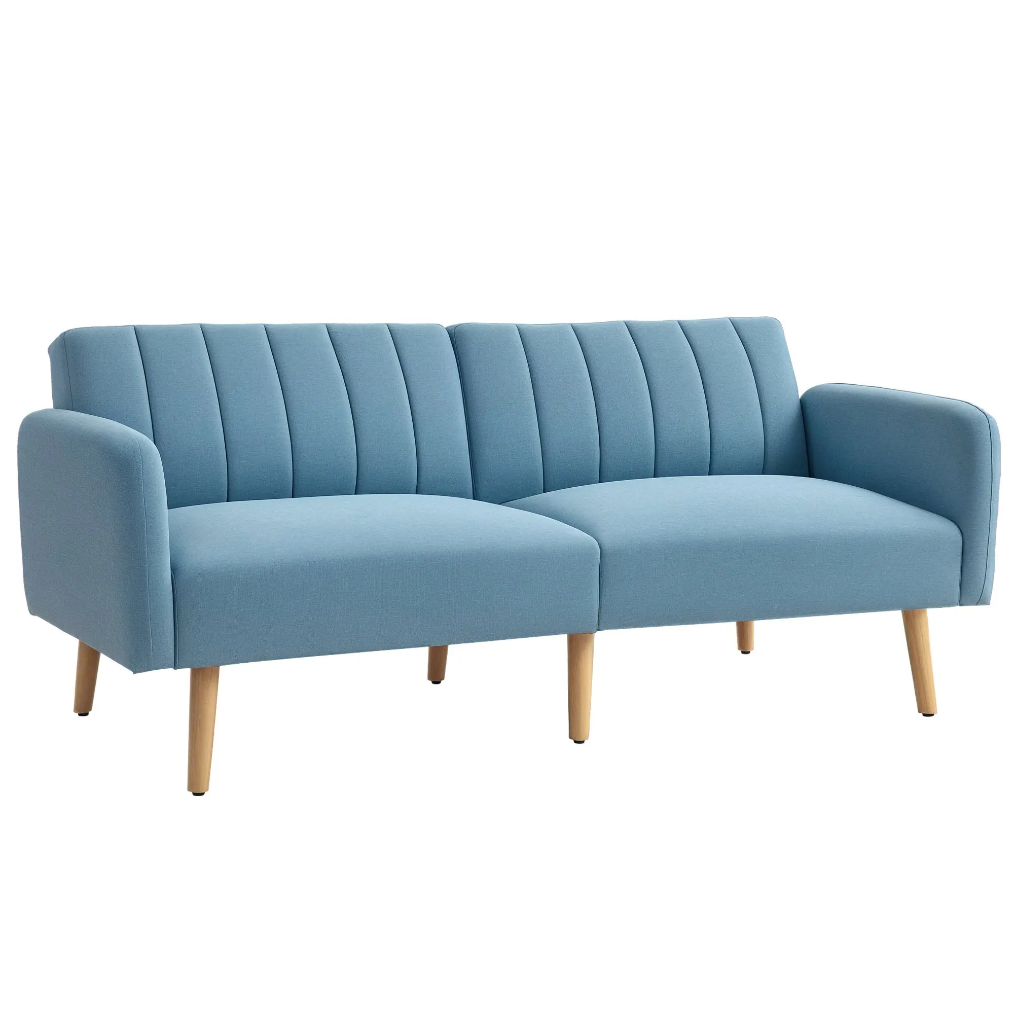 2 Seater Sofa Bed, Convertible Folding Sofa with 3-Position Split Backrest, Removable Armrests, Linen-Feel Fabric, Wooden Legs, Light Blue, 173 x 75 x 73 cm