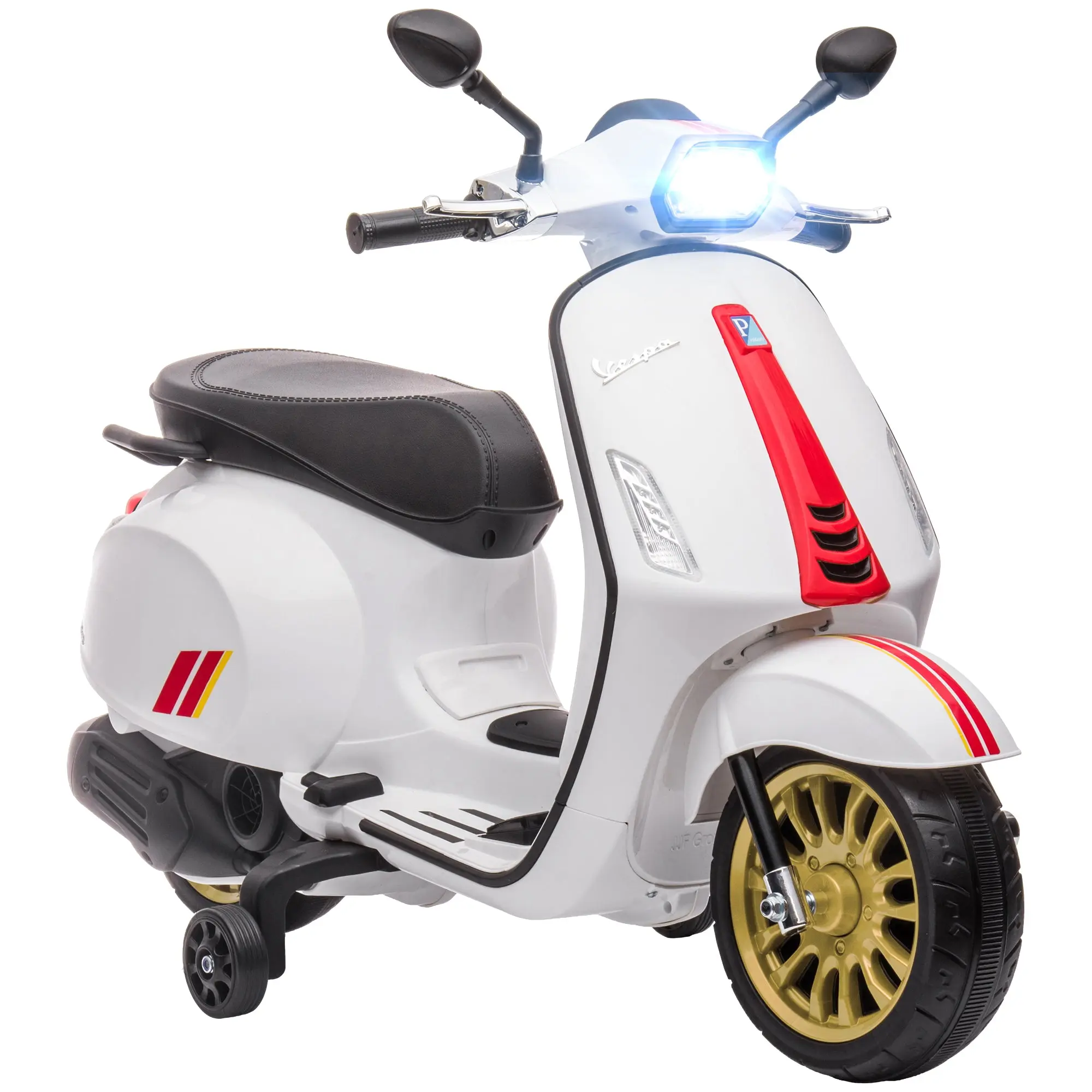 12V Electric Motorbike for Kids 3-6 Years with Vespa License, Training Wheels, Headlight, and Music, Toy Motorcycle in PP and Metal, 107x47x73 cm, White