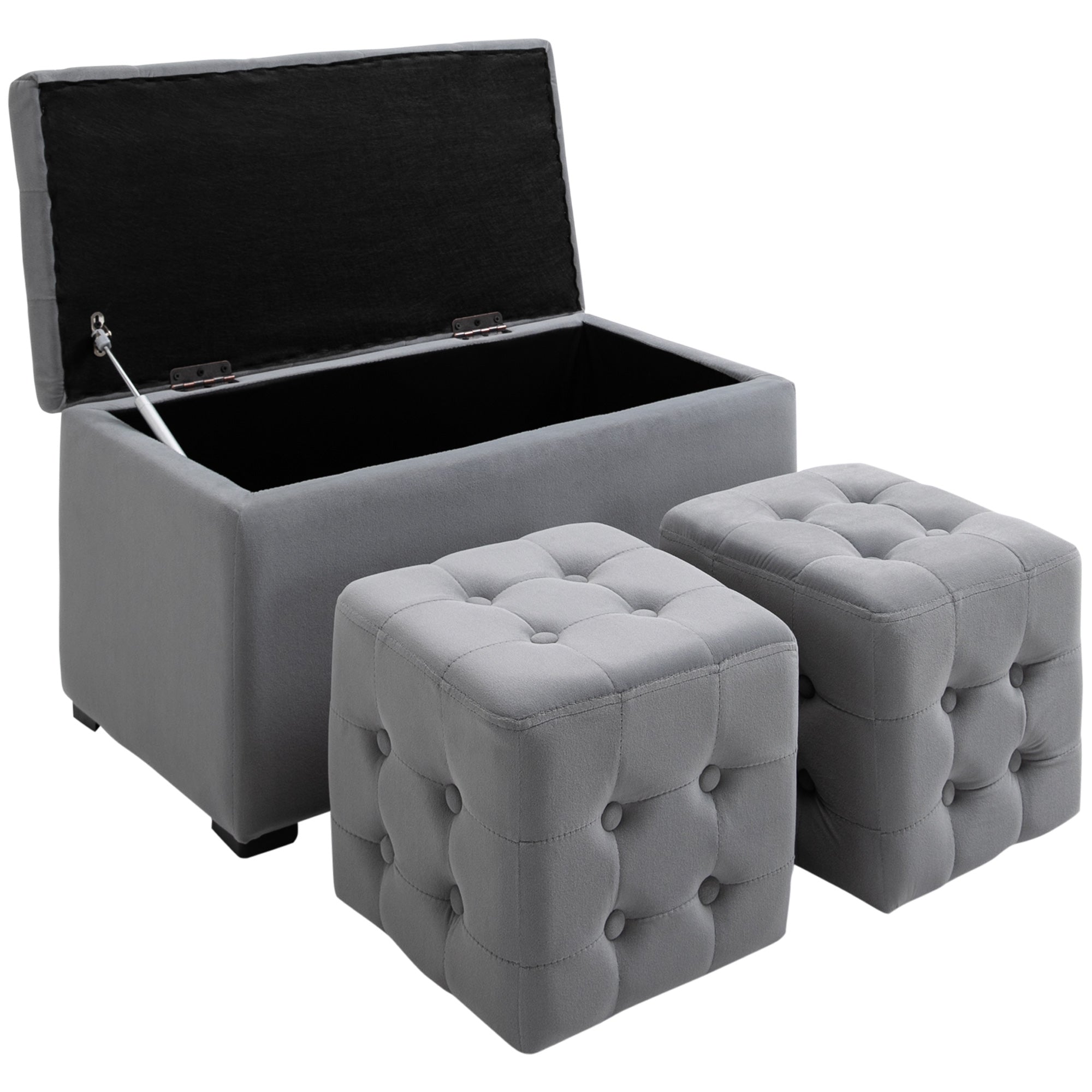 HOMCOM 3 részes tárolószett, 2 x puff, kárpitozott pad, lábtartó, tárolódoboz, max. 130 kg, mikroszálas anyag, hab, 75 x 40 x 42 cm, világosszürke