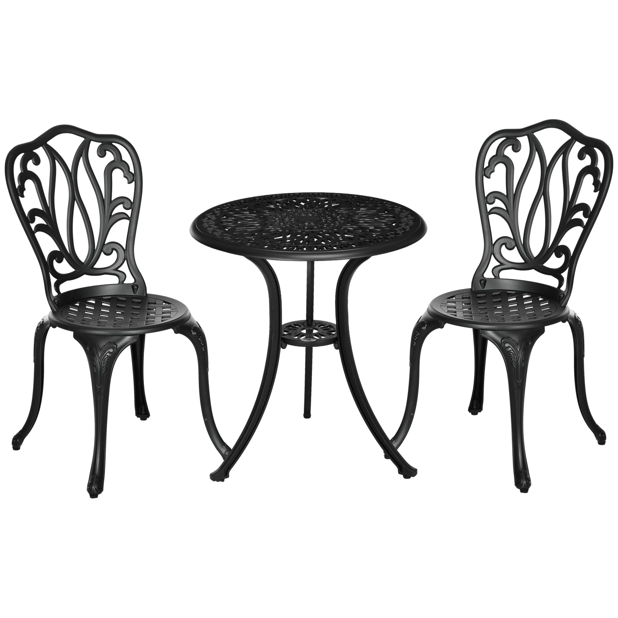 3 Piece Outdoor Bistro Set Cast Aluminum Patio Furniture Set with Round Table & 2 Chairs, Garden Dining Set with Umbrella Hole, Weather Resistant Black