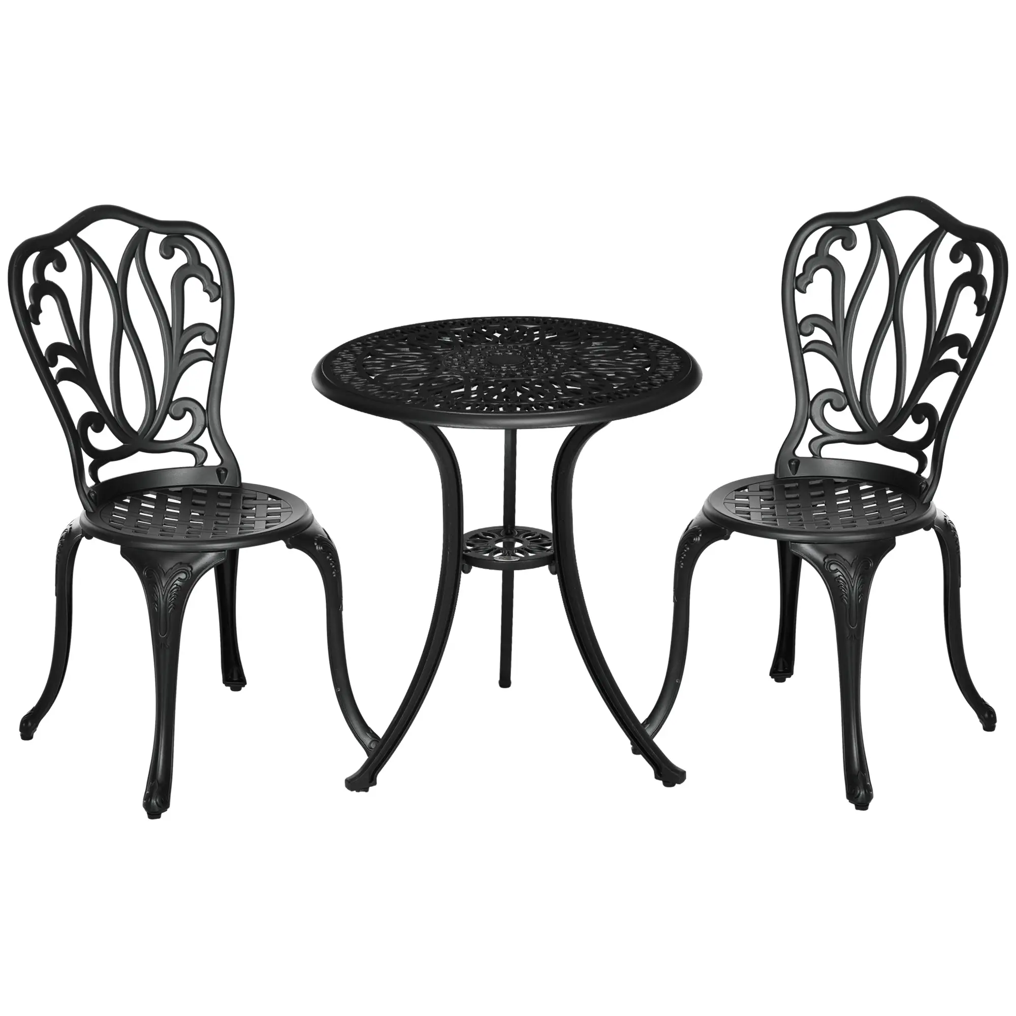 3 Piece Outdoor Bistro Set Cast Aluminum Patio Furniture Set with Round Table & 2 Chairs, Garden Dining Set with Umbrella Hole, Weather Resistant Black
