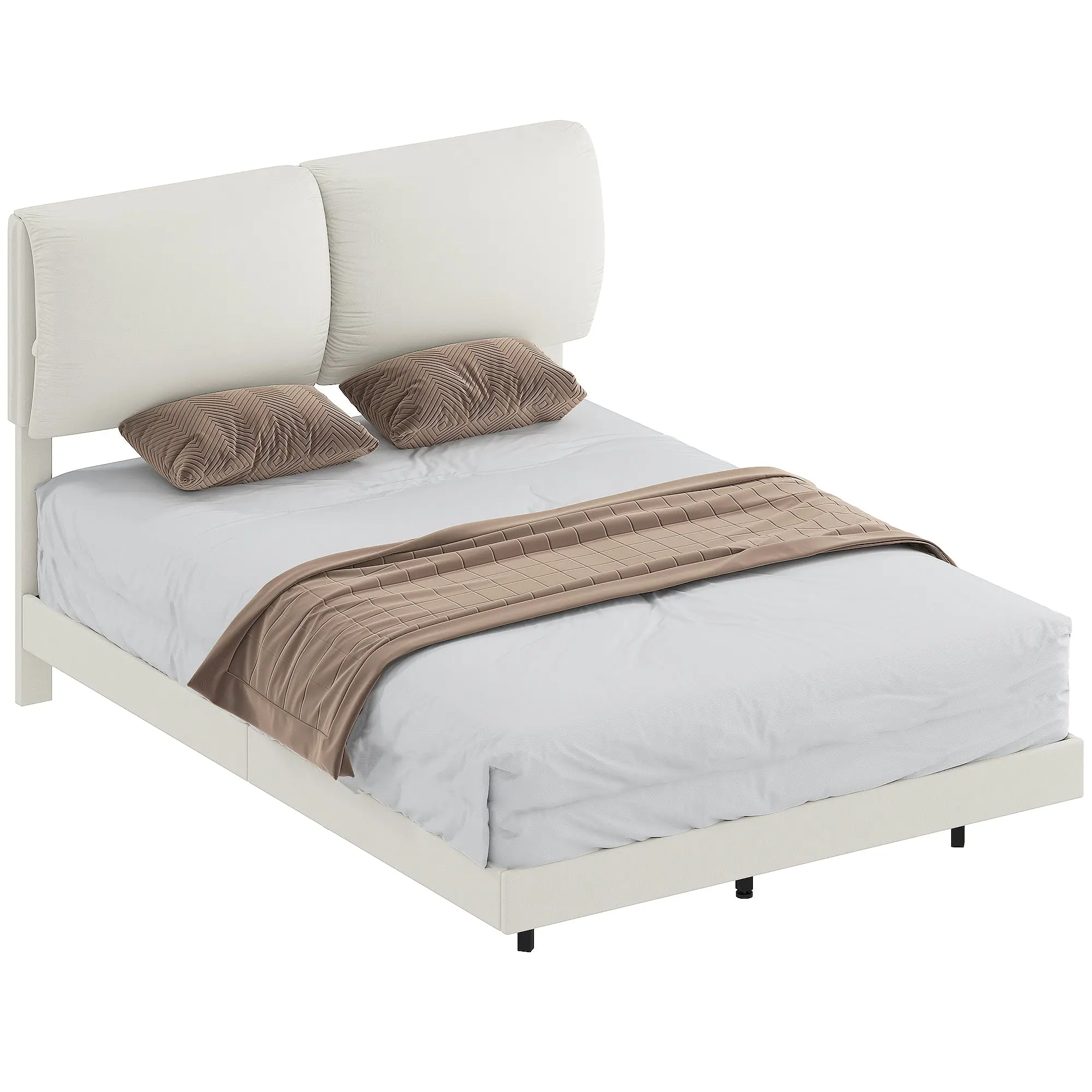 Upholstered Double Bed Frame 53" x 75" (135 x 190 cm), Padded Headboard with Dual Cushions, Floating Effect, Metal Frame & Wooden Slats, Quiet, Modern - Beige