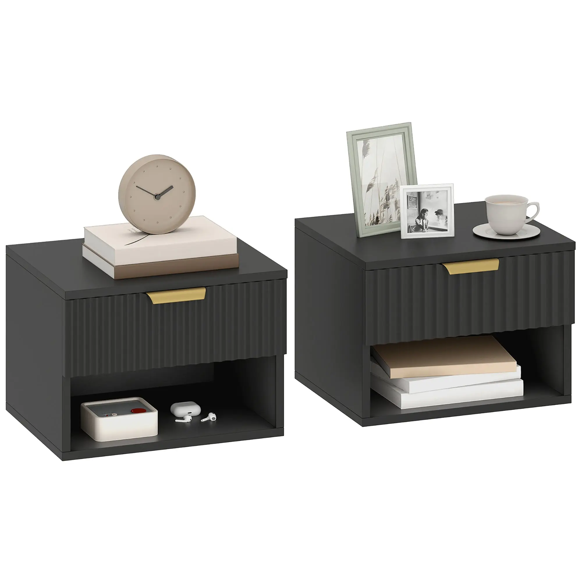 Set of 2 Floating Wall Nightstands with Soft-Close Drawer & Open Shelf, Modern Fluted Design, Black, 15.7 x 13.4 x 11.4 in