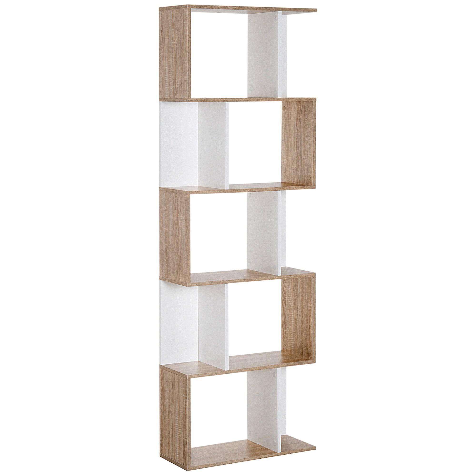 HOMCOM 5-poschodová knižnica Drevený Knižný Stojan S-tvarovaný Moderný Dizajn pre Obývačku a Kanceláriu 60x24x184,5 cm Biela a Drev