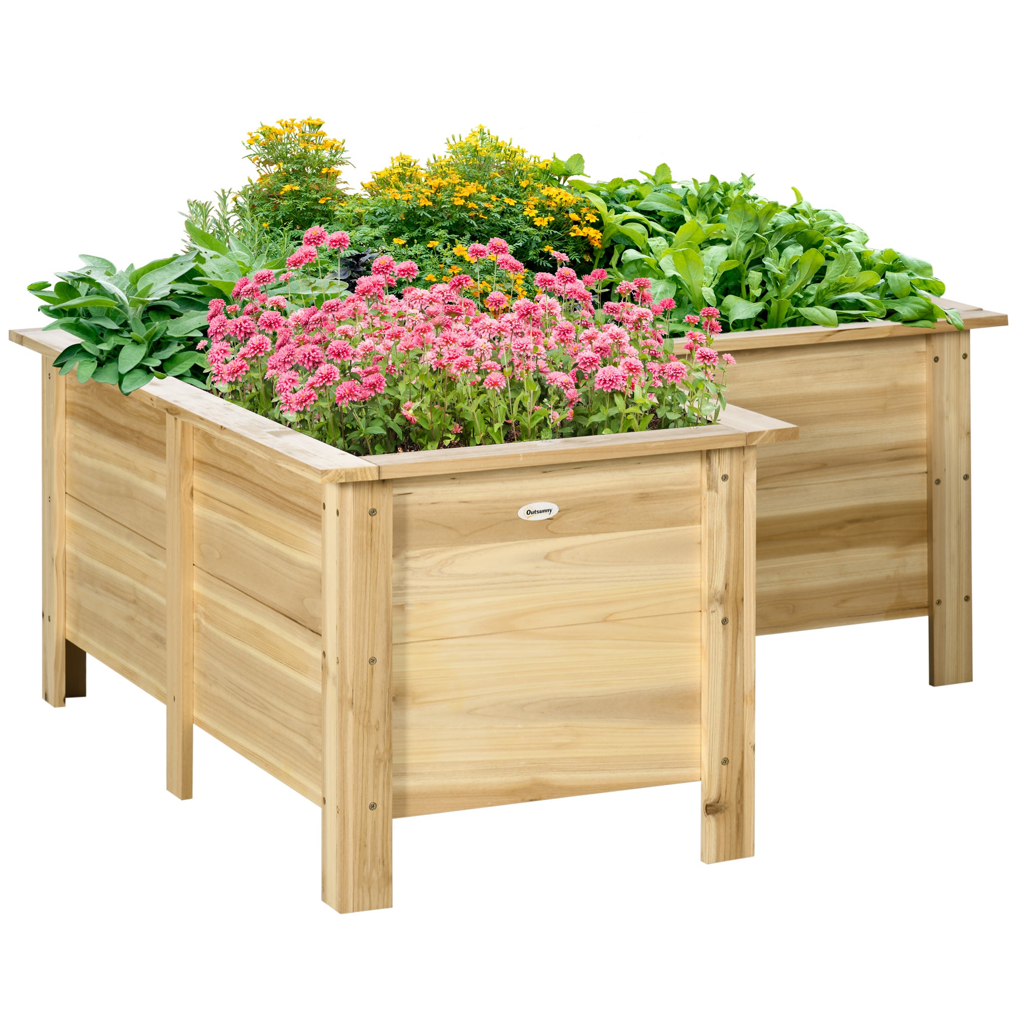 Outsunny rohový vyvýšený dřevěný záhon ve tvaru L s netkanou vložkou, venkovní záhon pro zeleninu a květiny, 120 × 120 × 50 cm, přírodní