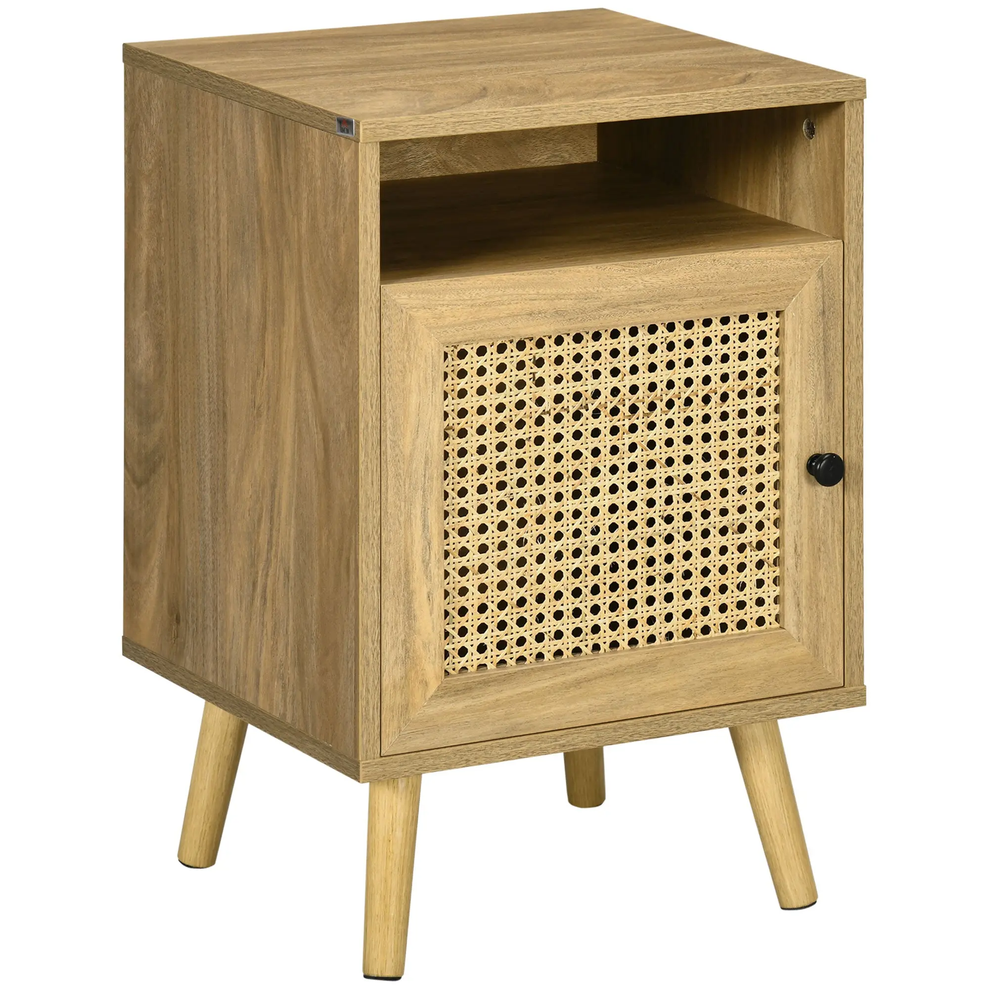 Bedroom Bedside Table, Small Wooden Bedside Table, Boho Style, with Cabinet and Open Shelf, for Bedroom, Living Room, 39x35x60 cm, Wood Color
