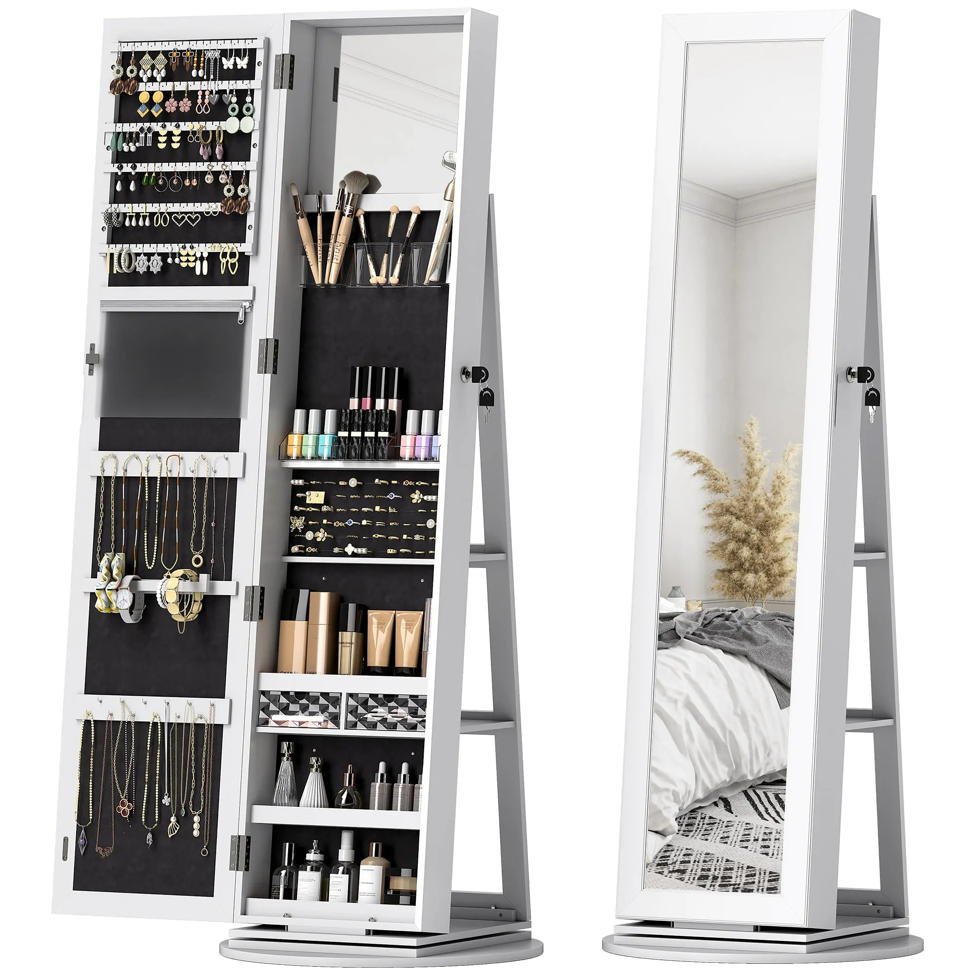 360° Rotating Jewelry Mirror Cabinet, Lockable Full-Length Jewelry Armoire with Storage Shelves & Drawers, Freestanding Mirror Organizer, 55 x 55 x 161 cm, White
