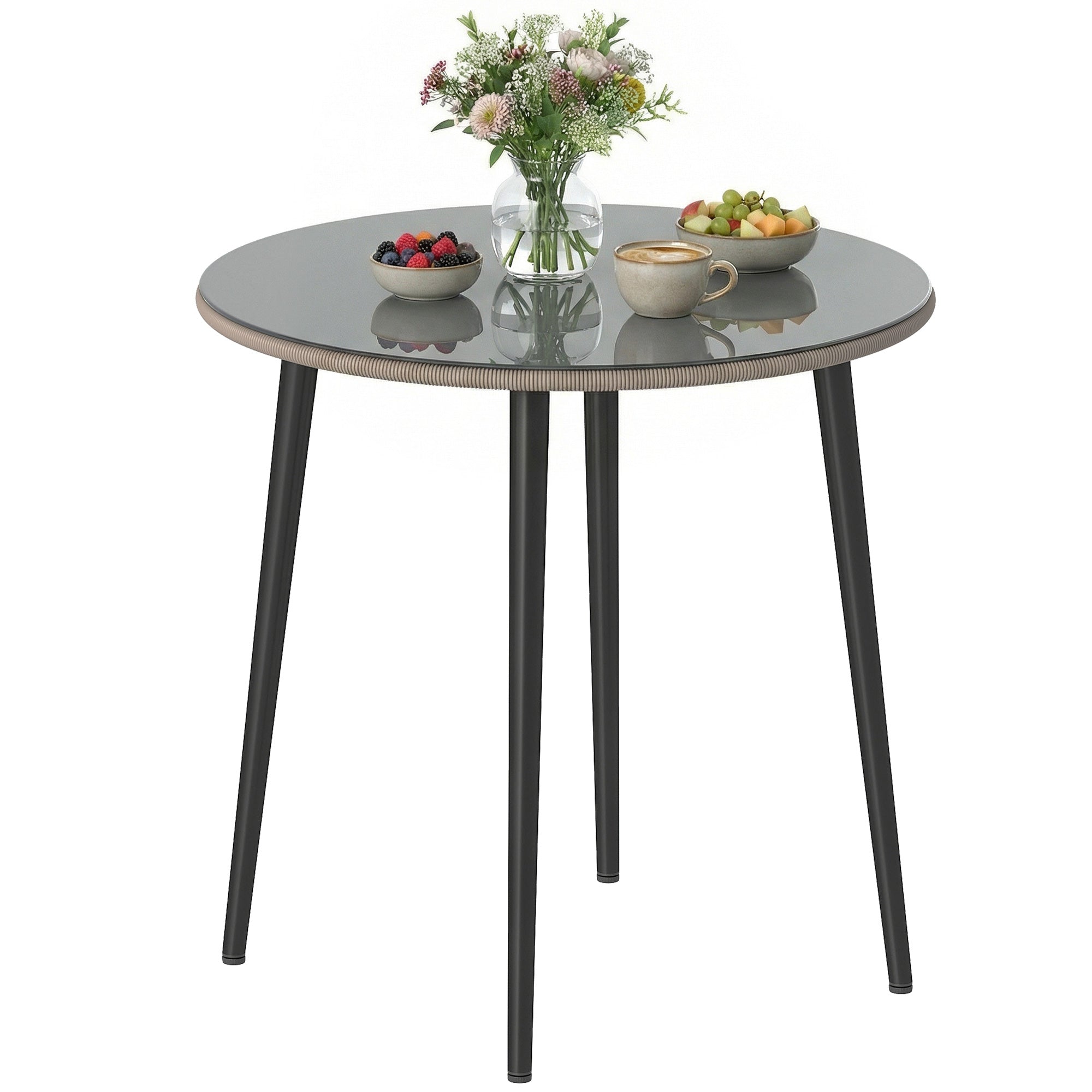 Outsunny runt trädgårdsbord, utebord 80 x 80 x 74 cm, härdat glas med rottingkant, stålram, max 50 kg, för uteplats & balkong, grå