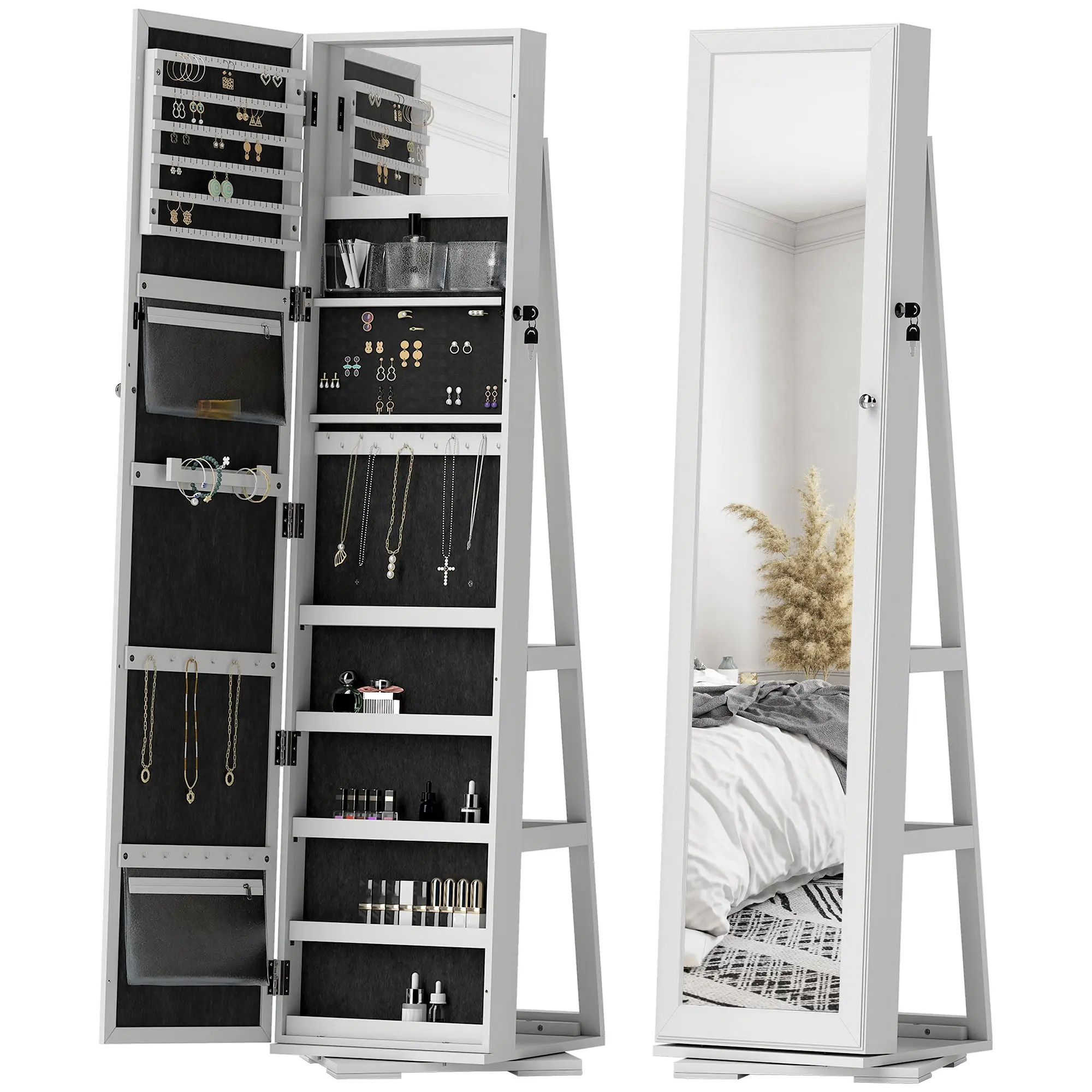 Standing Jewelry Mirror Jewelry Cabinet 360° Rotating Jewelry Armoire with Lock Back Shelves and Built-in Small Mirror 38x38x160 cm White Veined