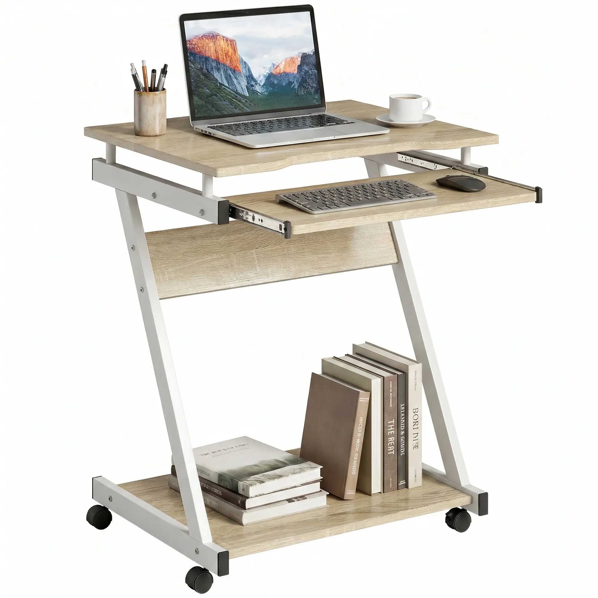 Office Desk with 4 Casters, 23.6 x 18.9 in Space-Saving Computer Desk with Keyboard Tray and Open Shelf, Oak Finish