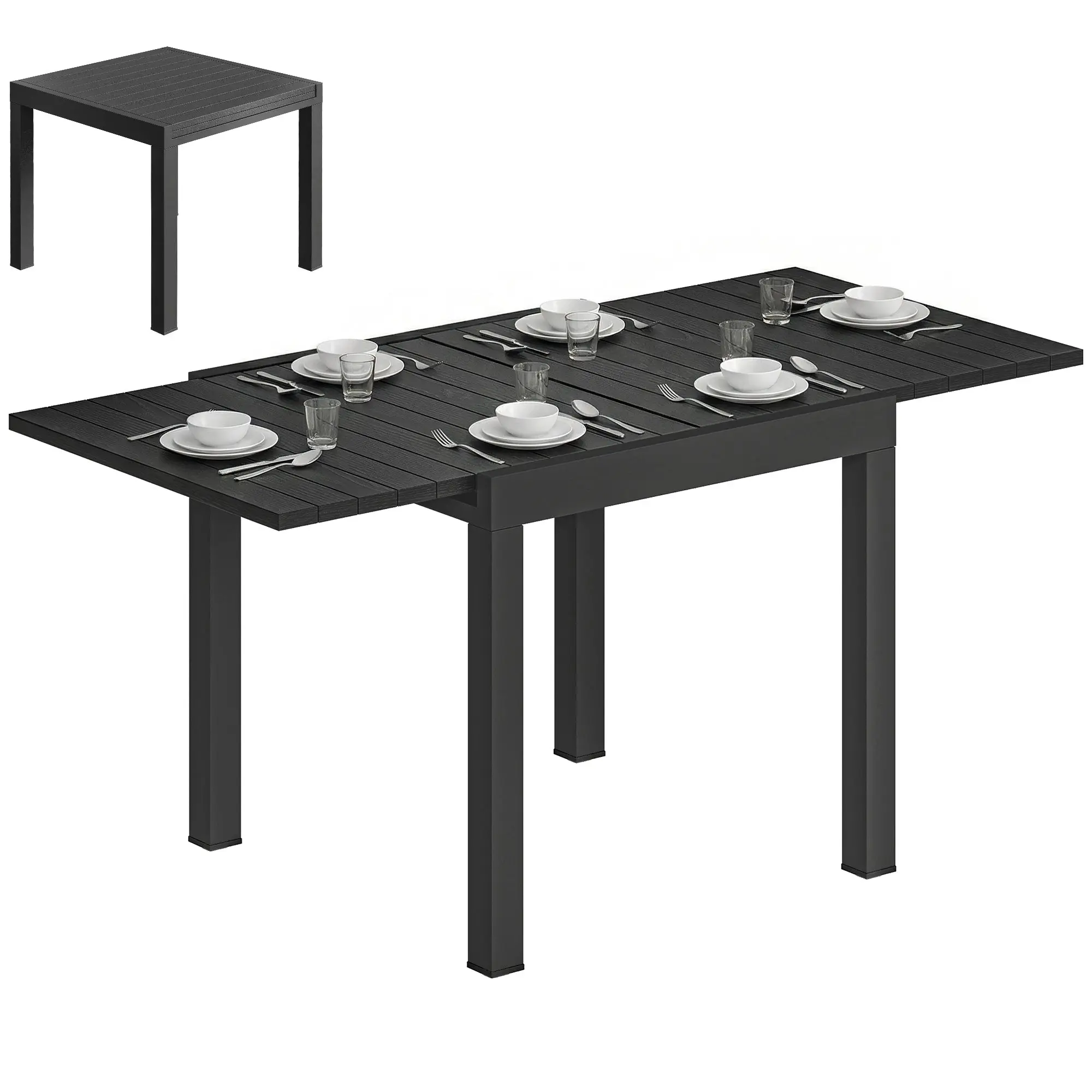 Extendable Garden Table for 4–6 People, 31.5/63 x 31.5 in, Rectangular Outdoor Aluminum Dining Table with Wood-Effect Slatted Top, Black