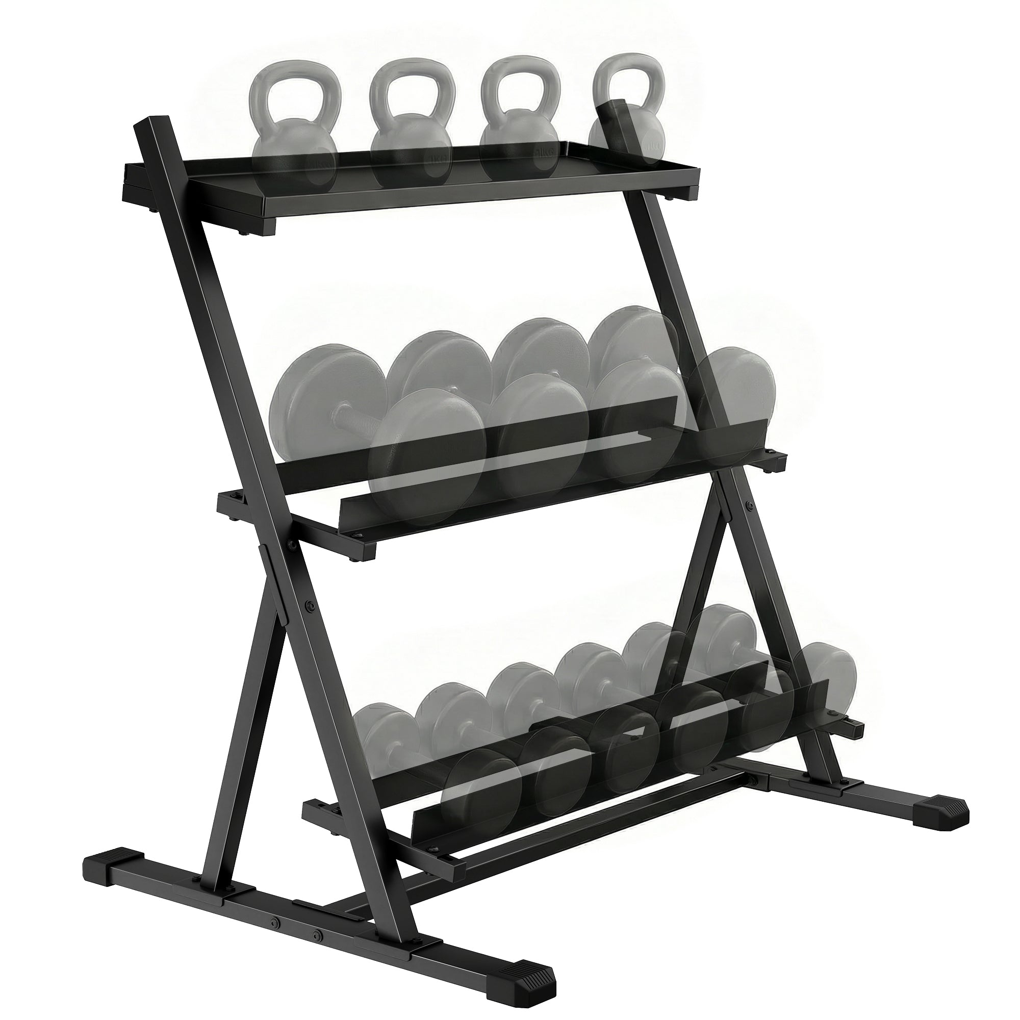 SPORTNOW reguliuojamas 3 lygių hantelių stovas — tvirtas plienas, iki 200 kg, neslystantys, reguliuojamos juostos (tik stovas)