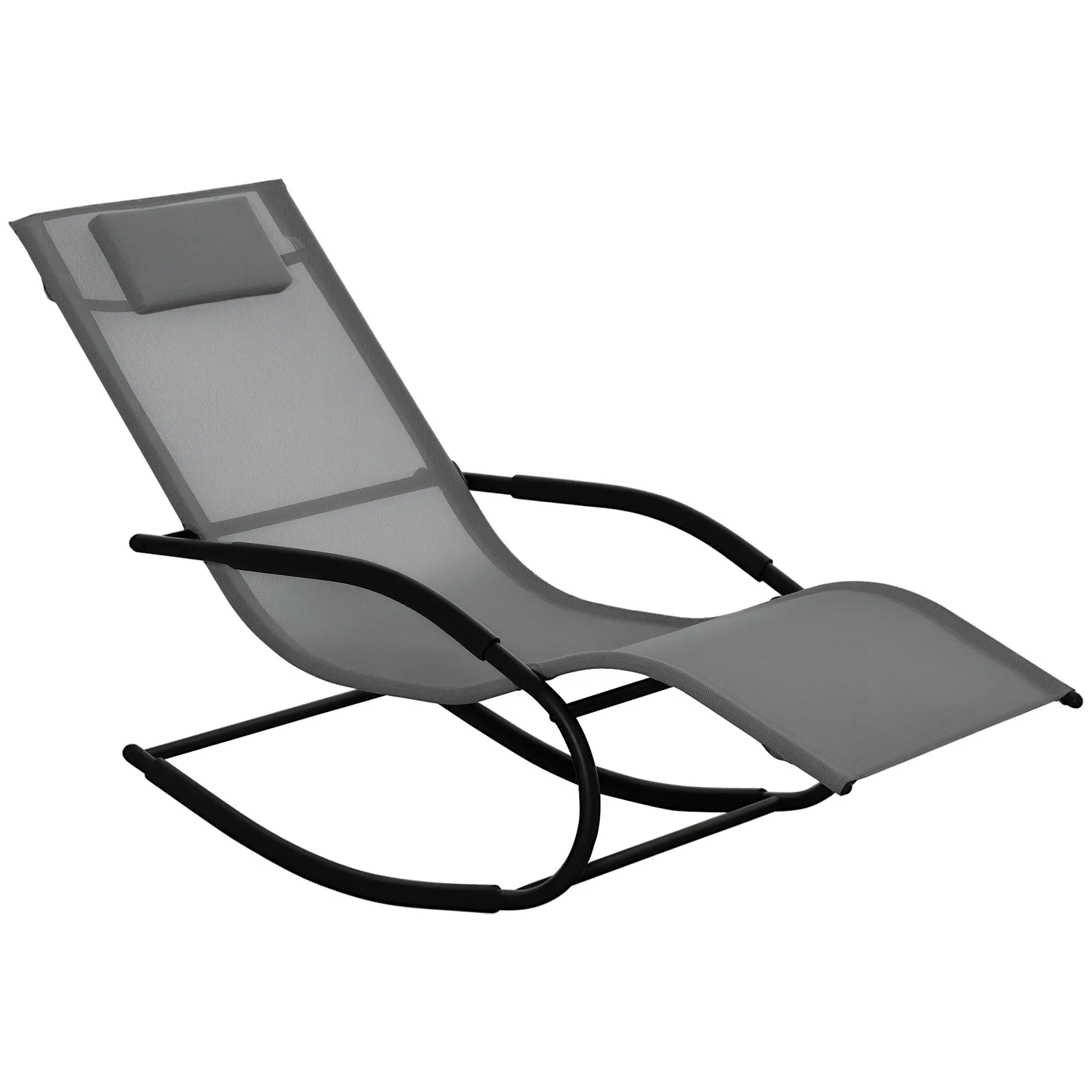 Ergonomic Rocking Chair Lounger with Galvanized Metal Frame Textilene Headrest Armrests 63W x 160D x 88H cm Gray