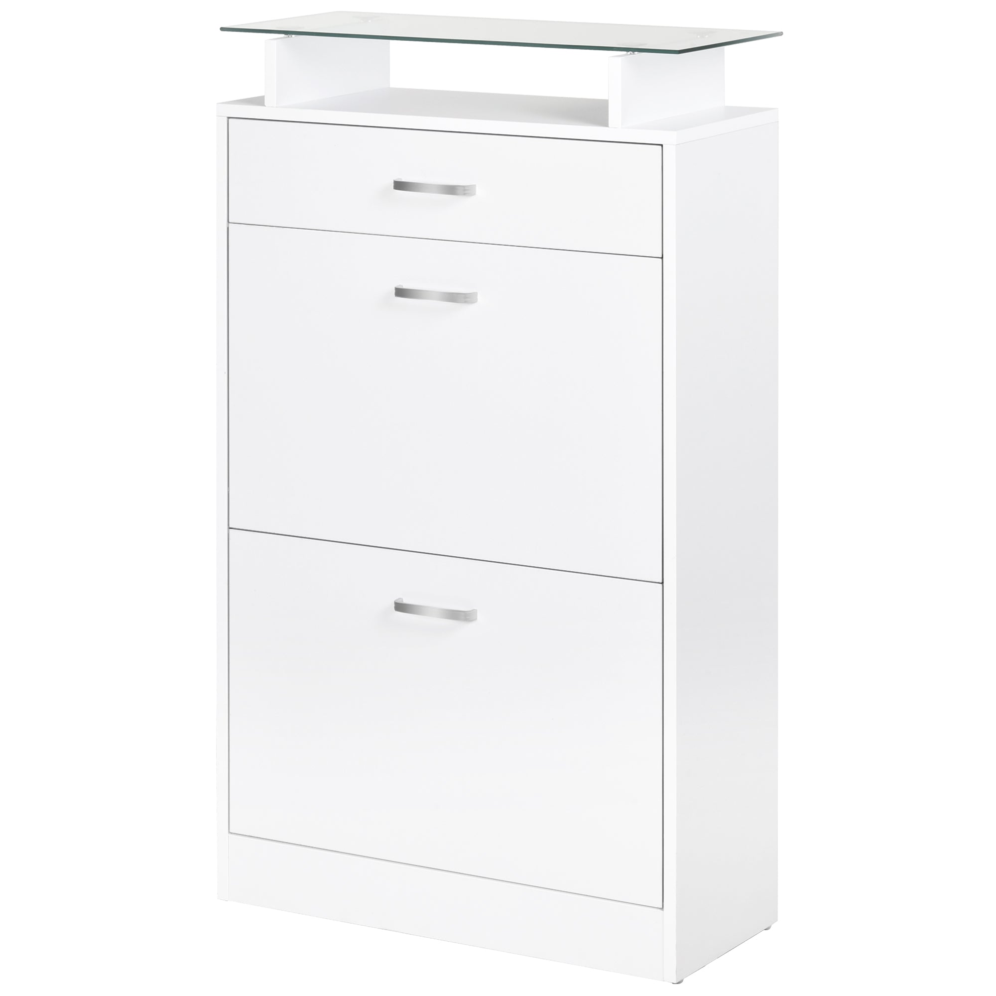 HOMCOM Schuhschrank Schuhregal mit 3 Schubladen, Glasablage und Aluminiumgriff für Flur, Tragfähigkeit 50 kg, 60x24x105,5 cm Weiß