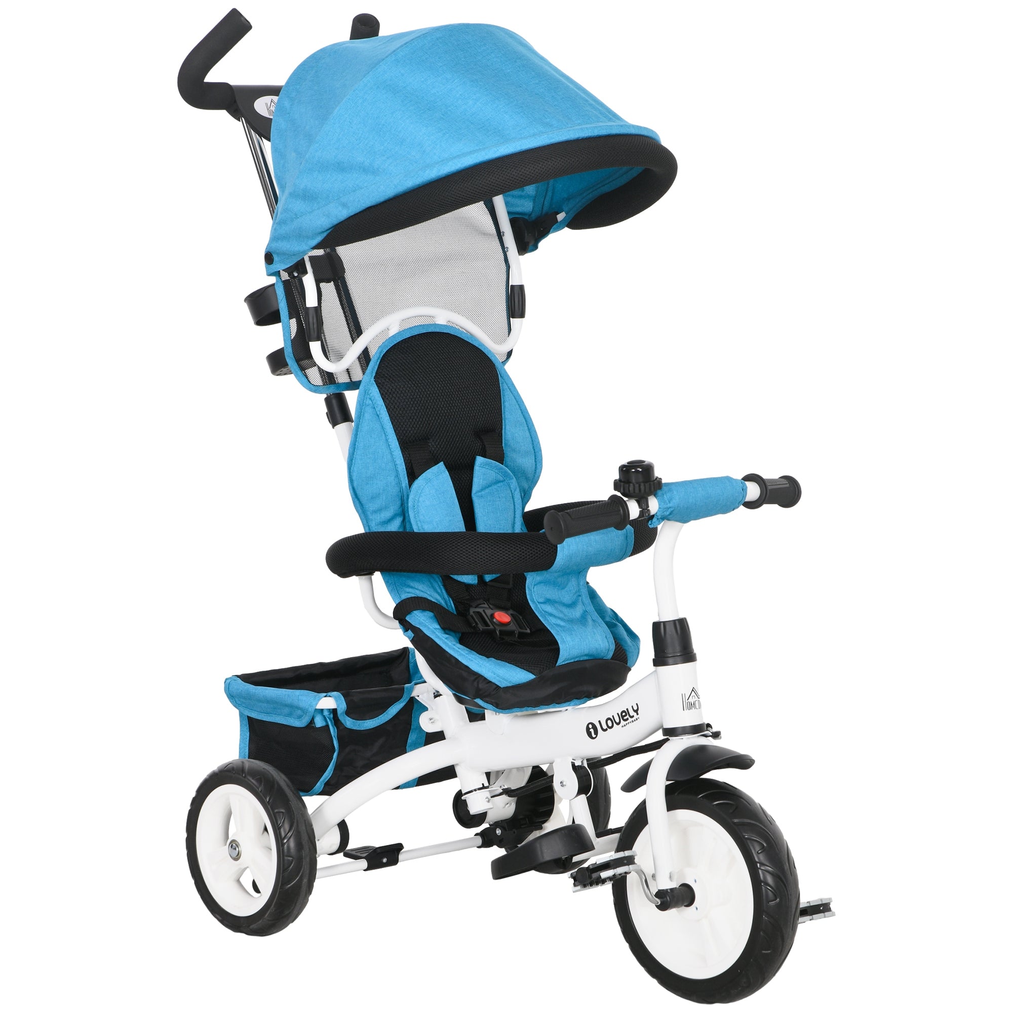 HOMCOM 6-i-1 Trehjulet Cykel med Skubbehåndtag, Børnecykel med Aftageligt Solskærm, Balancecykel med 5-Punkts Sikkerhedssele, Korb, Kopholder, til Børn 1-5 År, Blå