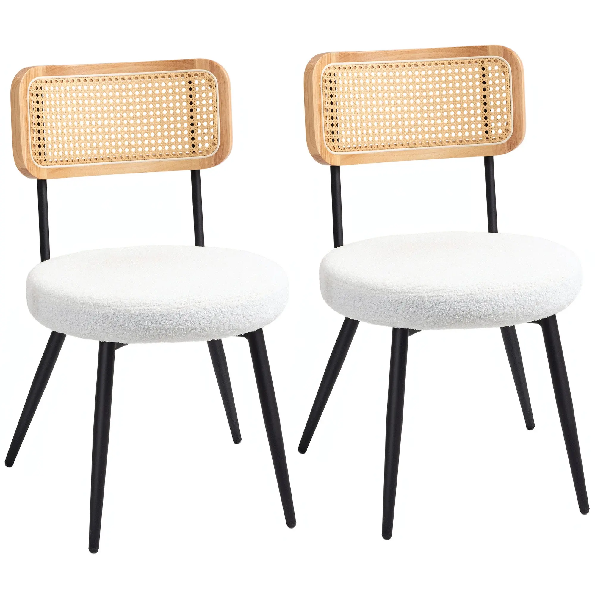 Set of 2 dining chairs kitchen bohemian chair with rattan backrest, padded seat and metal legs for living room, dining room, bedroom, white