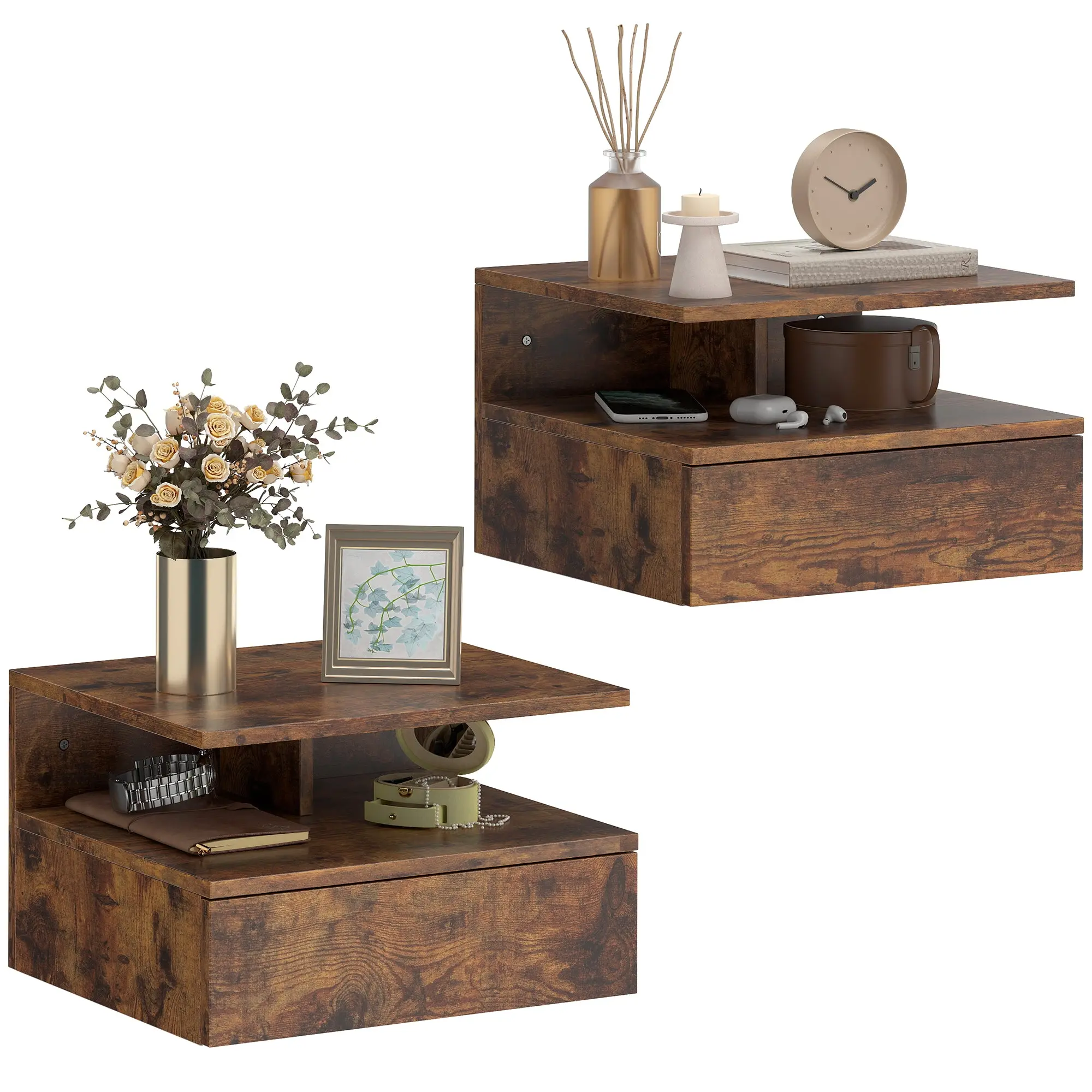 Set of 2 Floating Nightstands with Drawer, Wall-Mounted Modern Bedside Tables for Living Room, 13.8 x 12.6 x 8.9 in, Rustic Brown