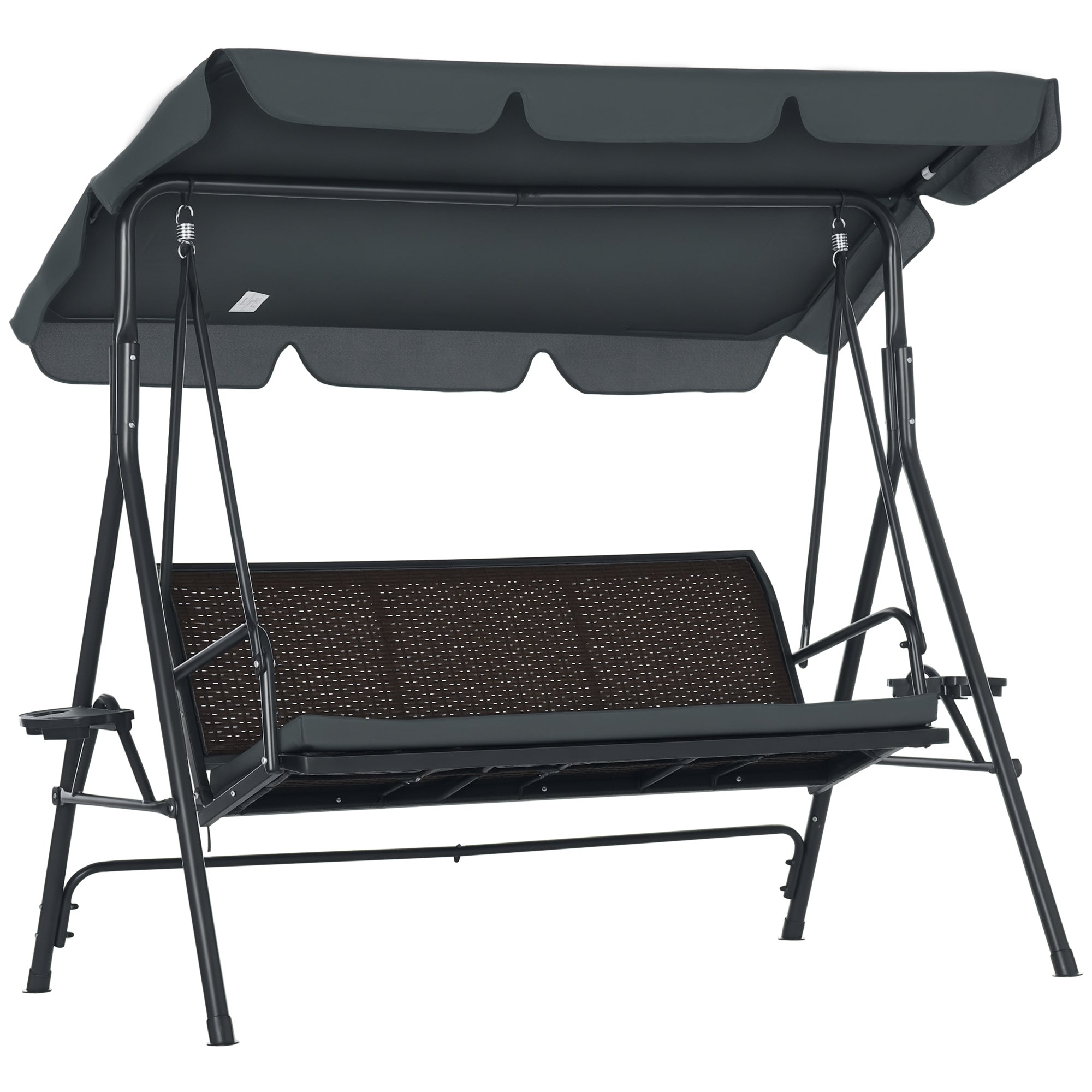 Outsunny Ute Hängmatta för 3 Pers med Justerbart Tak, Rattan Säte, 2 Kopphållare, 2 Brickor och Stålram, Belastning 320 kg för Terrass/Patiot 204x112x150 cm Mörkgrå