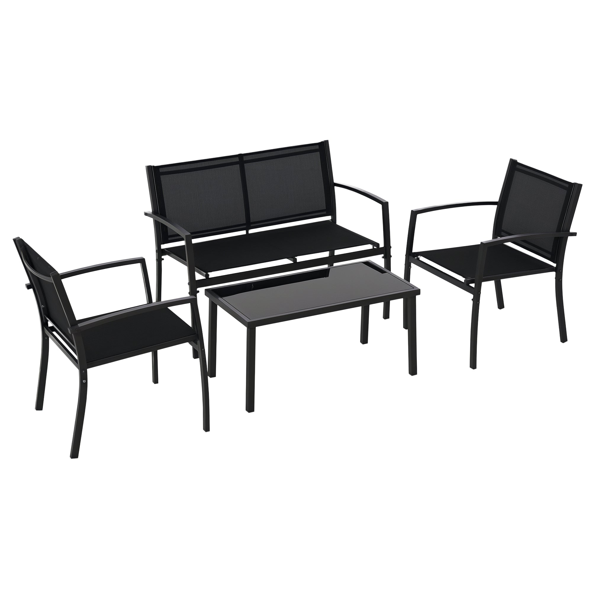 Outsunny 4-Teile Outdoor Garass Set mat 2 Stécker, 1 Zweisëiten Sofa an engem schwaarze temperéierte Glaskaffi-Table