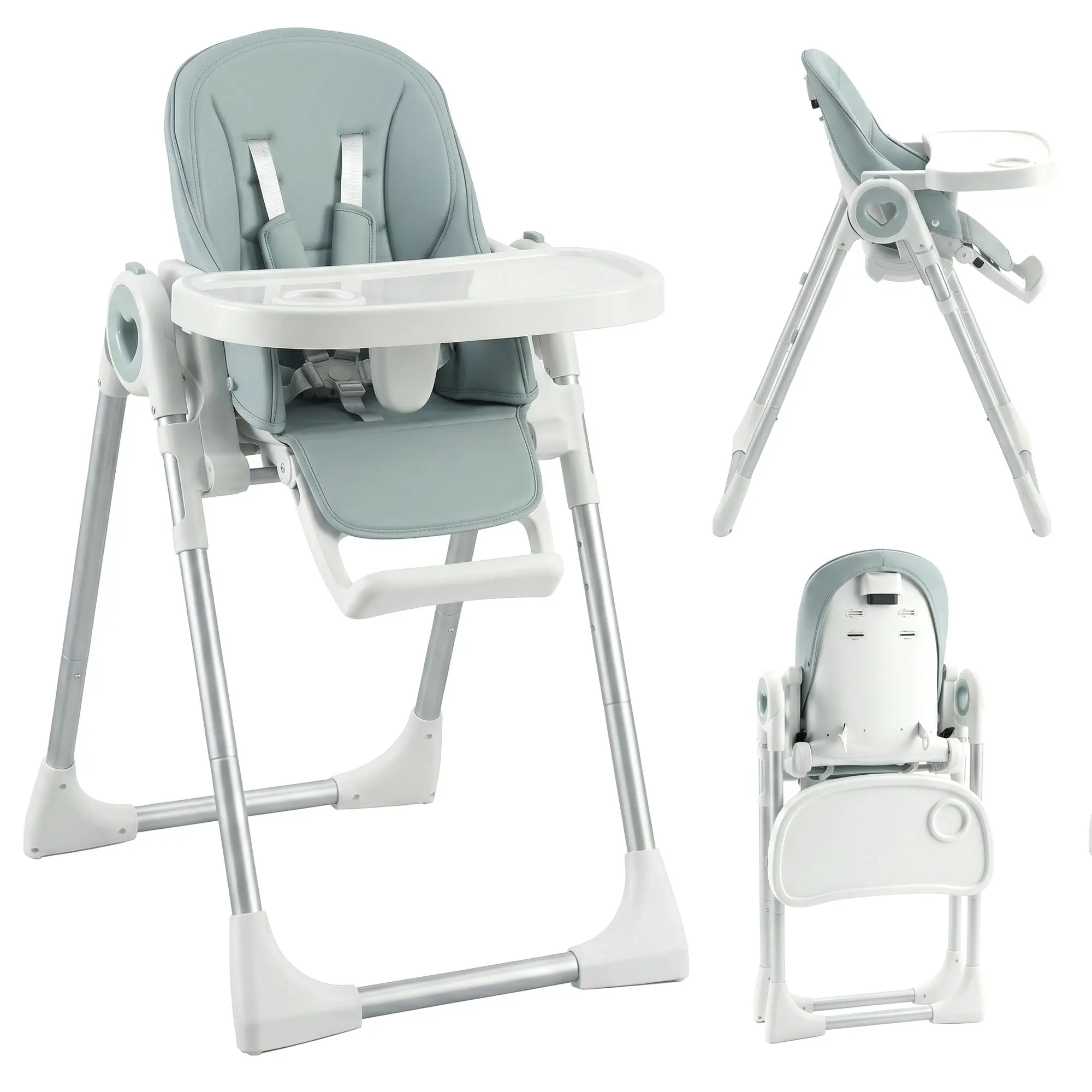Adjustable Foldable Highchair for Babies 6–36 Months / 33 lb, Reclining, Height & Footrest Adjustable, Dual Removable Trays, Wheels, 5-Point Harness — Green