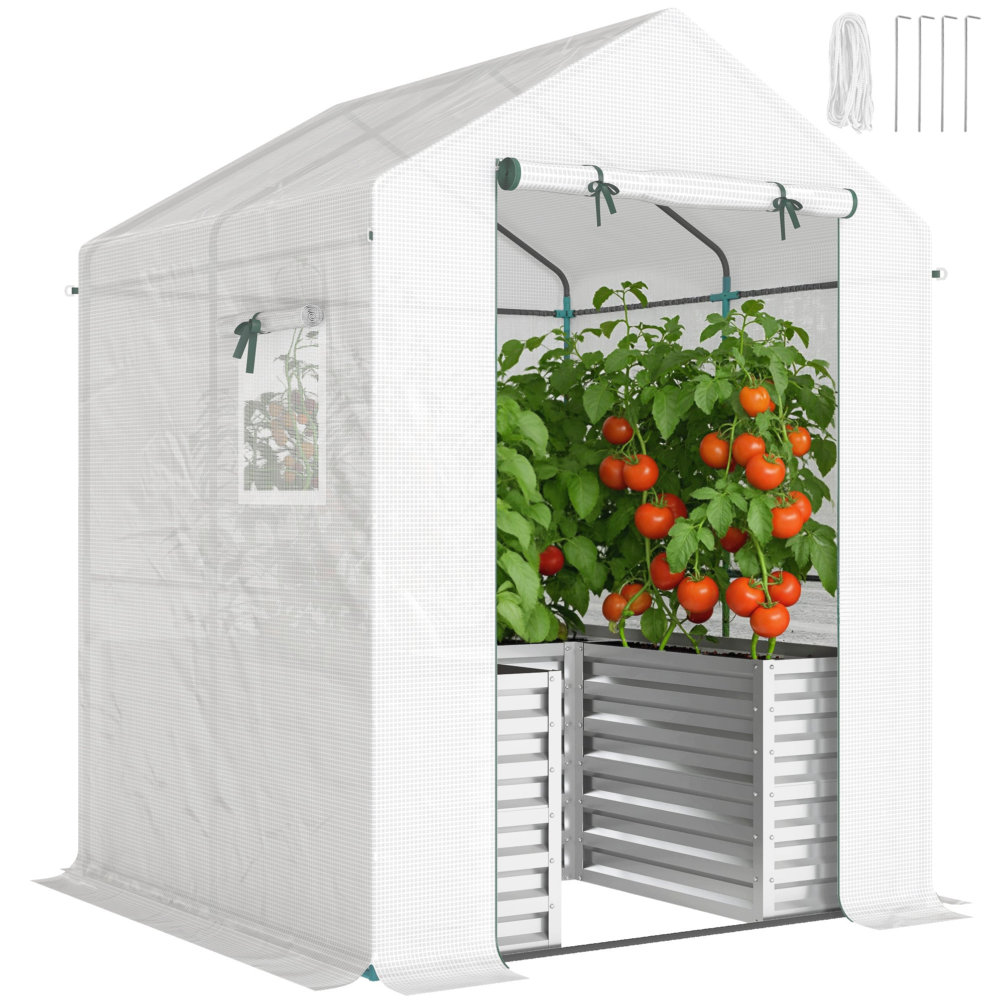 Outsunny PE-kilega tomatikasvuhoone koos kõrgpeenraga, rulliukse ja akendega — 141 × 141 × 190 cm — valge