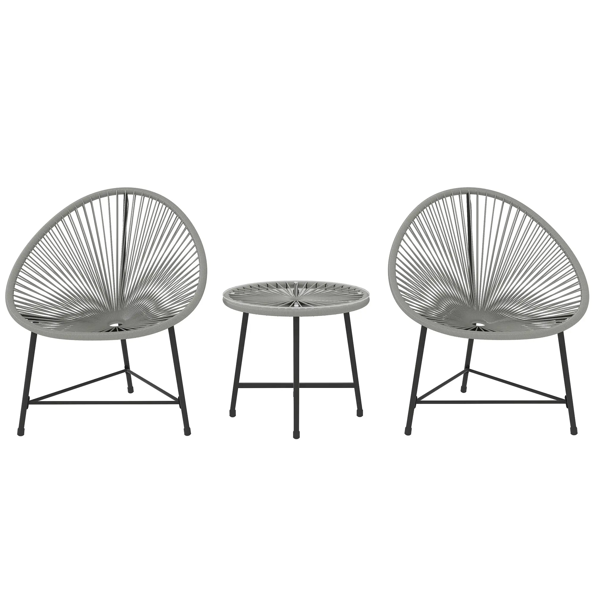 Polyrattan Patio Furniture Set, 3-Piece Outdoor Lounge for 2 — 2 Acapulco-Style Chairs & Glass Coffee Table, Weather-Resistant, Gray