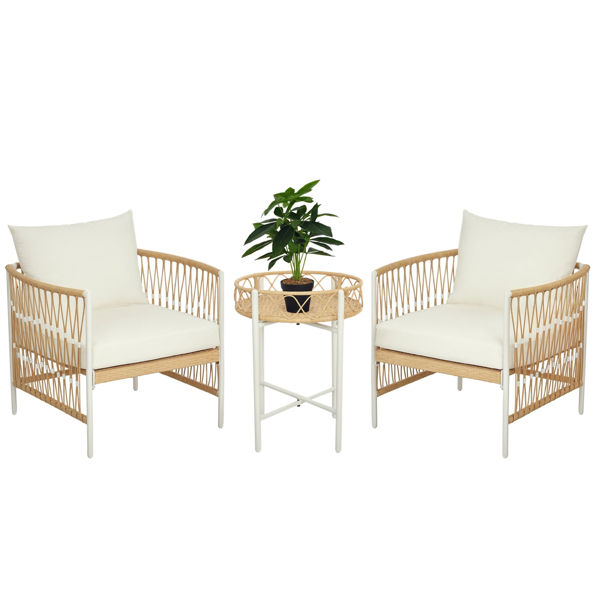 Outsunny 3-osaline Rattani Aia Mööbliset, Patio Komplekt 2 Aialaua Tooliga, Kohvilaud, Balkoni Mööbliset Padjadega, Balkoni, Terrassi, Kollane + Kreem