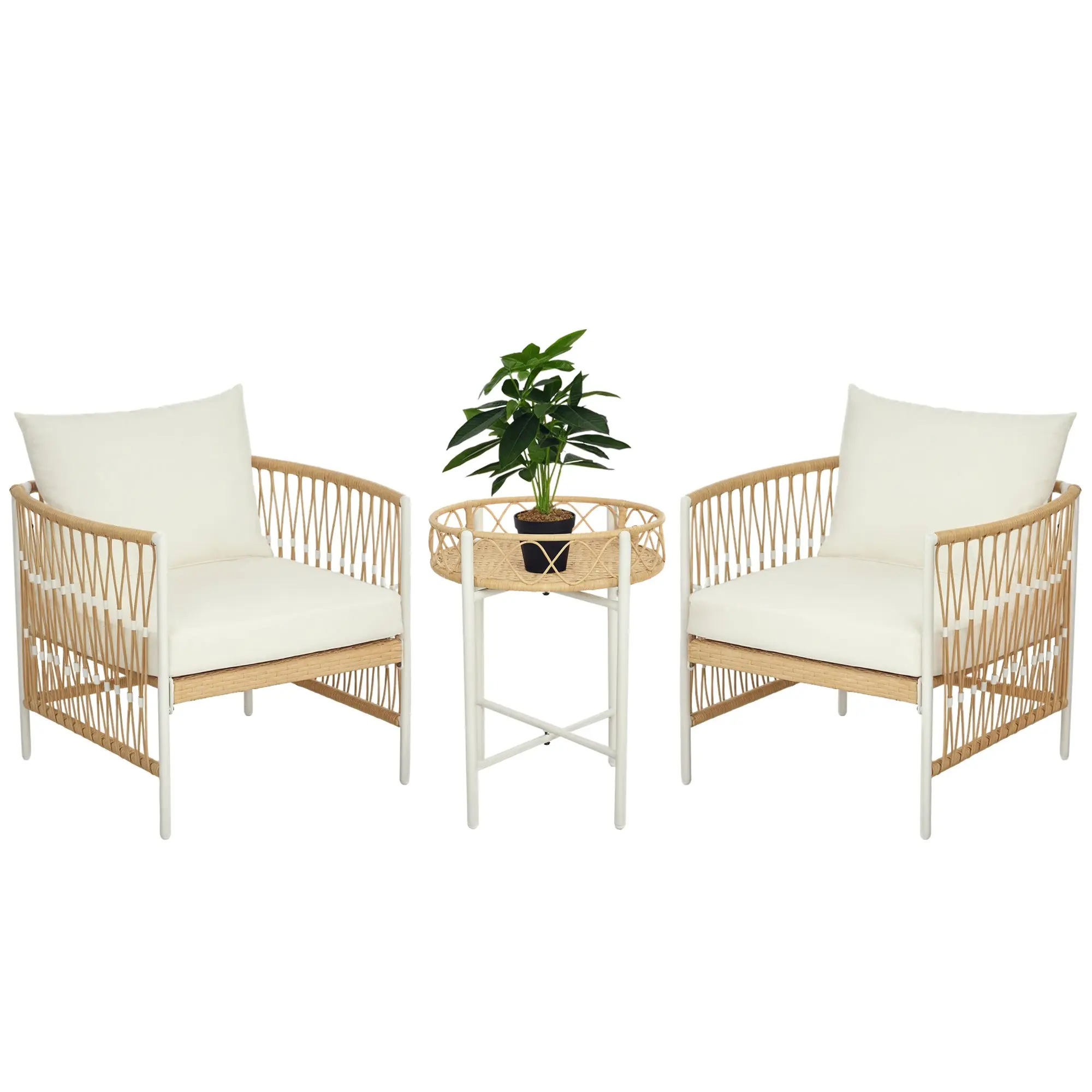 3-Piece Rattan Garden Furniture Set, Patio Set with 2 Garden Chairs, Coffee Table, Balcony Furniture Set with Cushions, for Balcony, Terrace, Yellow+Cream