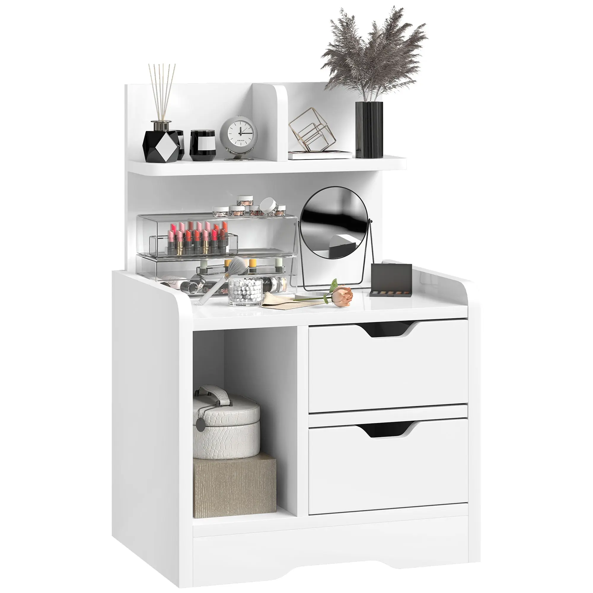 Bedroom Nightstand with 2 Drawers & Open Storage Shelves, Modern Particleboard Side Table for Living Room, Sofa & Bedroom, 15.7 x 11.8 x 23.6 in (Glossy White)