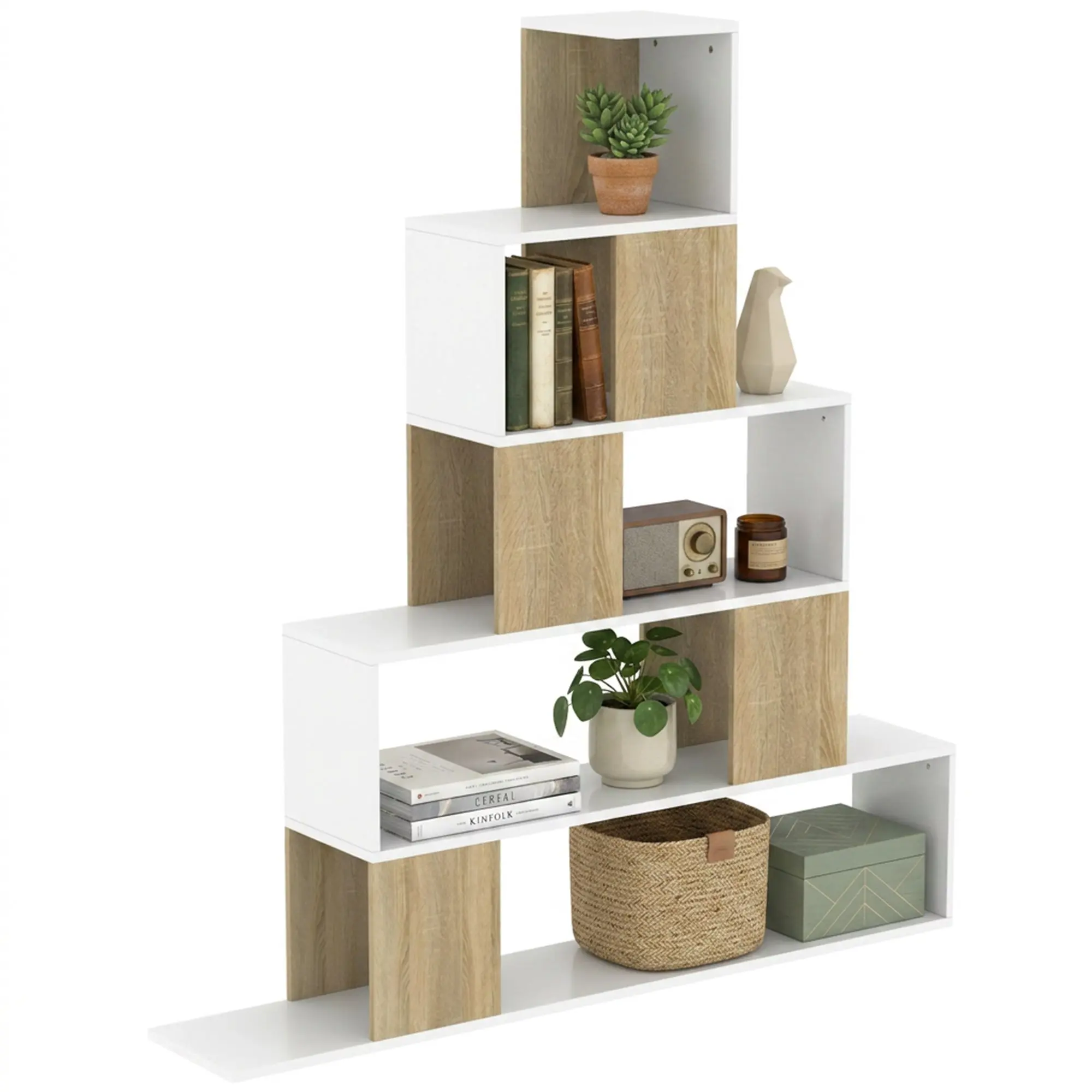 5-Tier Geometric Ladder Shelf, Storage Bookcase for Office, Living Room, Bedroom — 47.2" x 8.7" x 51.8", White & Natural Wood