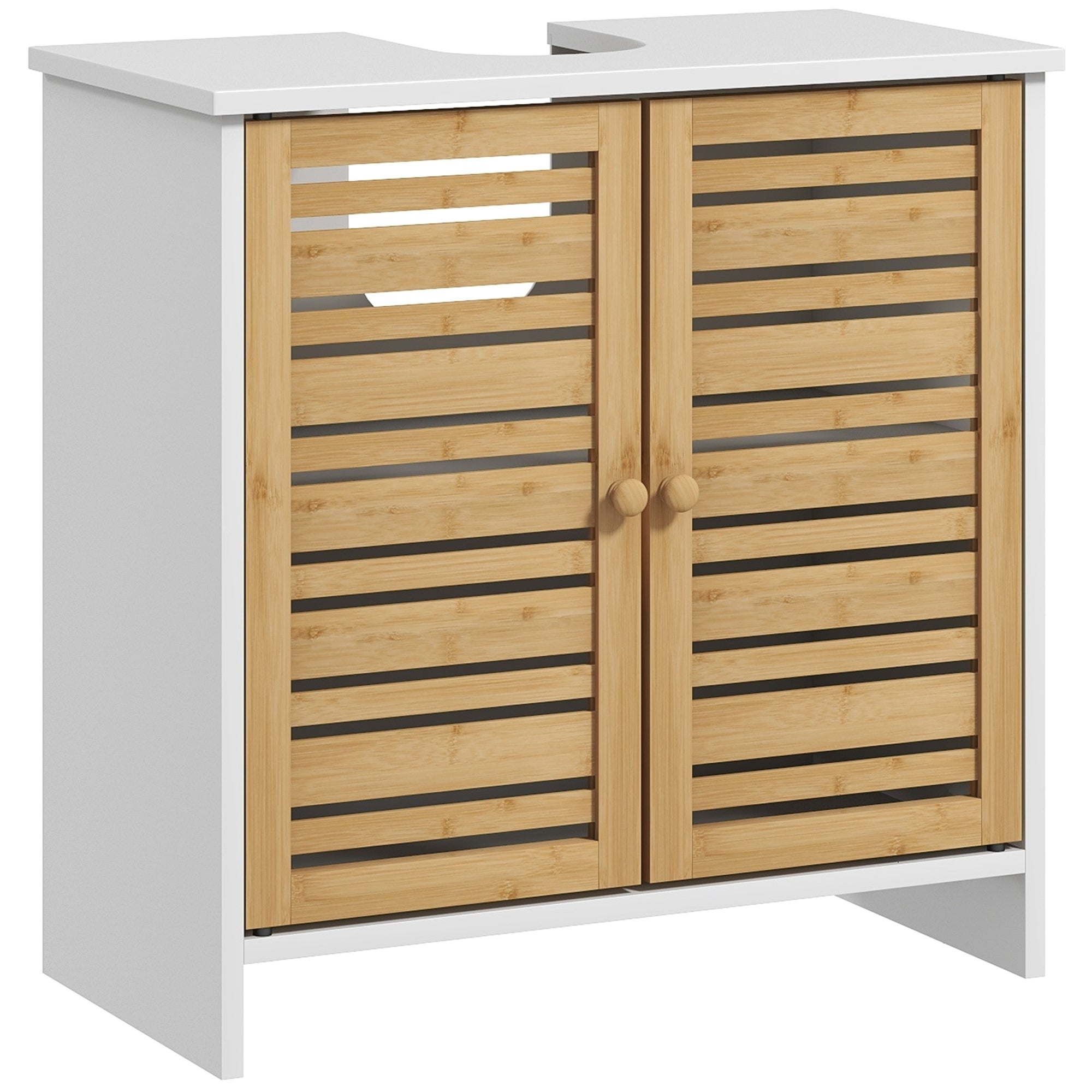 HOMCOM Unter-Badschrank Moderner Badschrank mit Bambustüren und verstellbarem Regal 60x30x60 cm Weiß und Natur