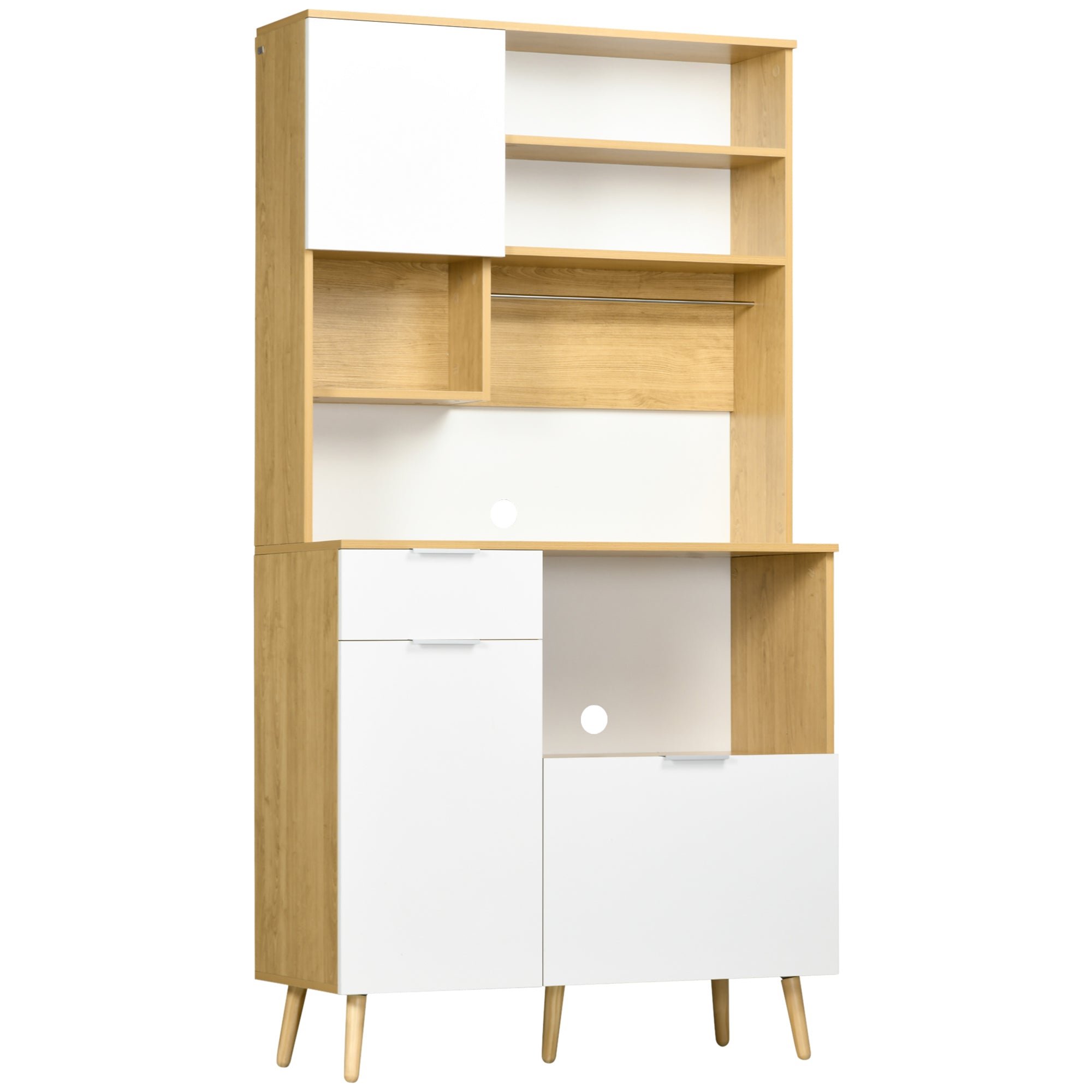 HOMCOM Køkken Pantry Skab - Køkken Skab Sideboard Højt Skab med 3 Døre, Skuffe, Justerbare Hylder, Bordplade til Mikroovn og Håndklædeholder 93x40x180 cm Natural og Hvid