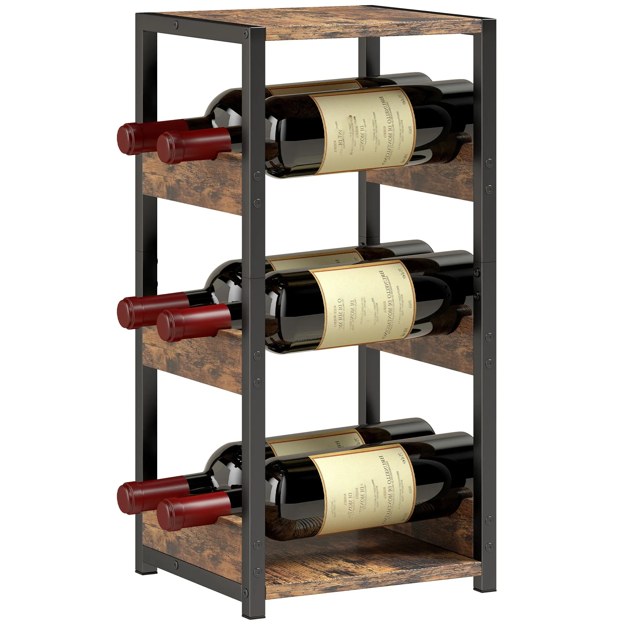 6-Bottle Wine Rack with Top Shelf and Wave Shelves, Industrial Style Wine Shelf for Kitchen & Living Room — Rustic Brown (8.7 x 9.4 x 19.4 in)
