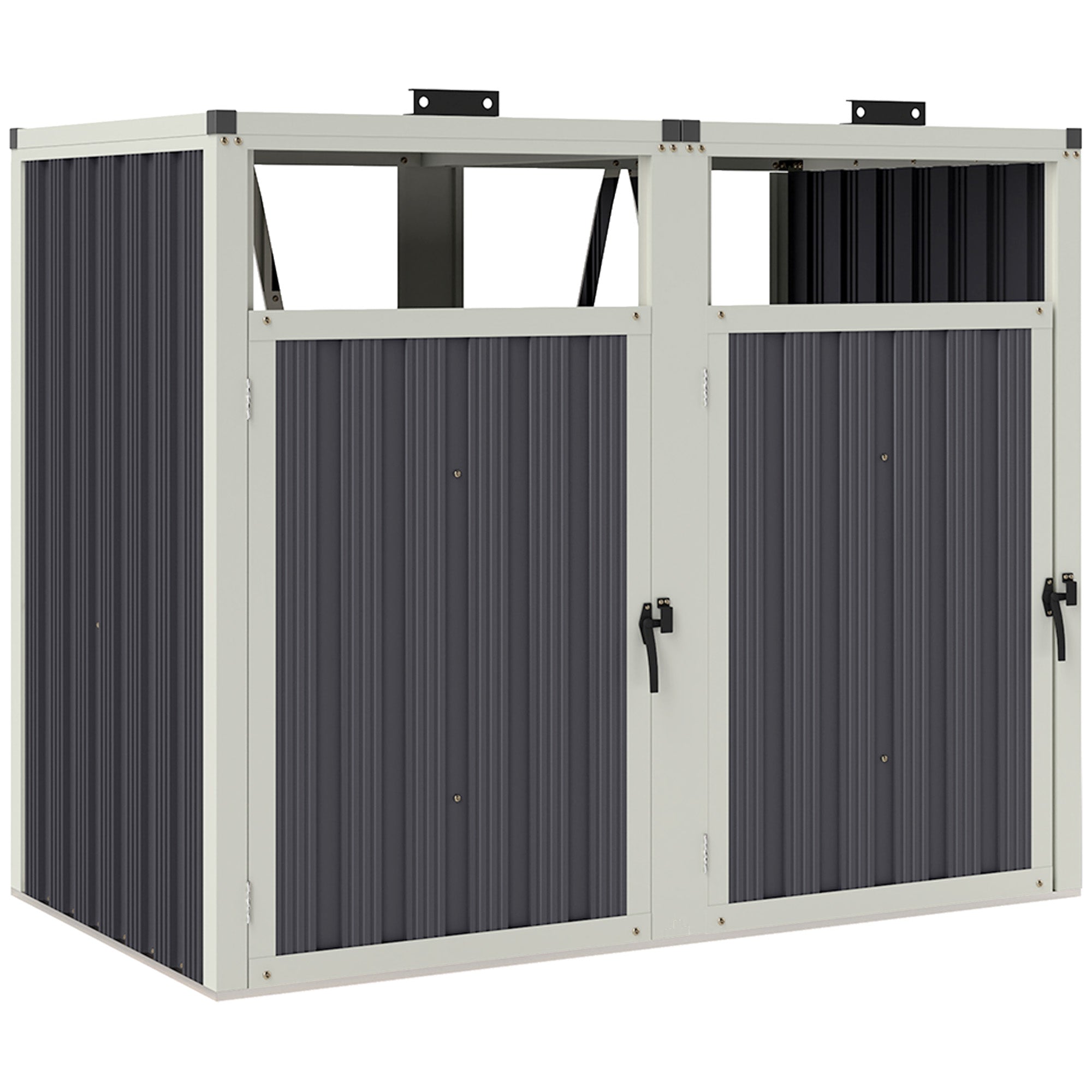 Outsunny Kryt na odpadkové koše pro 2 nádoby 240L, Kryt na venkovní odpadkové koše, Dveře s úchyty, 180° Otevírací víka, Pozinkovaná ocel, 146 x 81 x 122 cm, Tmavě šedá