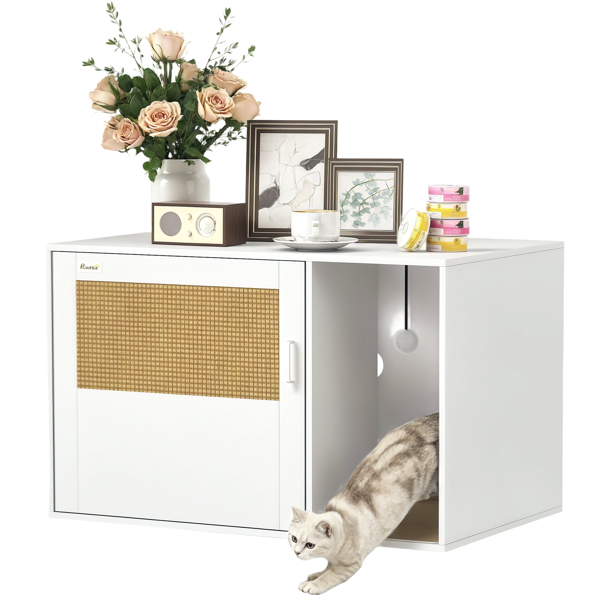 PawHut Kabinet za Mačjo Stranišče, Kabinet z Luknjo, Mačja WC omarica z Vrati, Vhodom, Ploščo za Praskanje, Kabinet za Mačje Stranišče za Mačke do 6 kg, 80 x 50 x 50 cm, Notranji, Bela