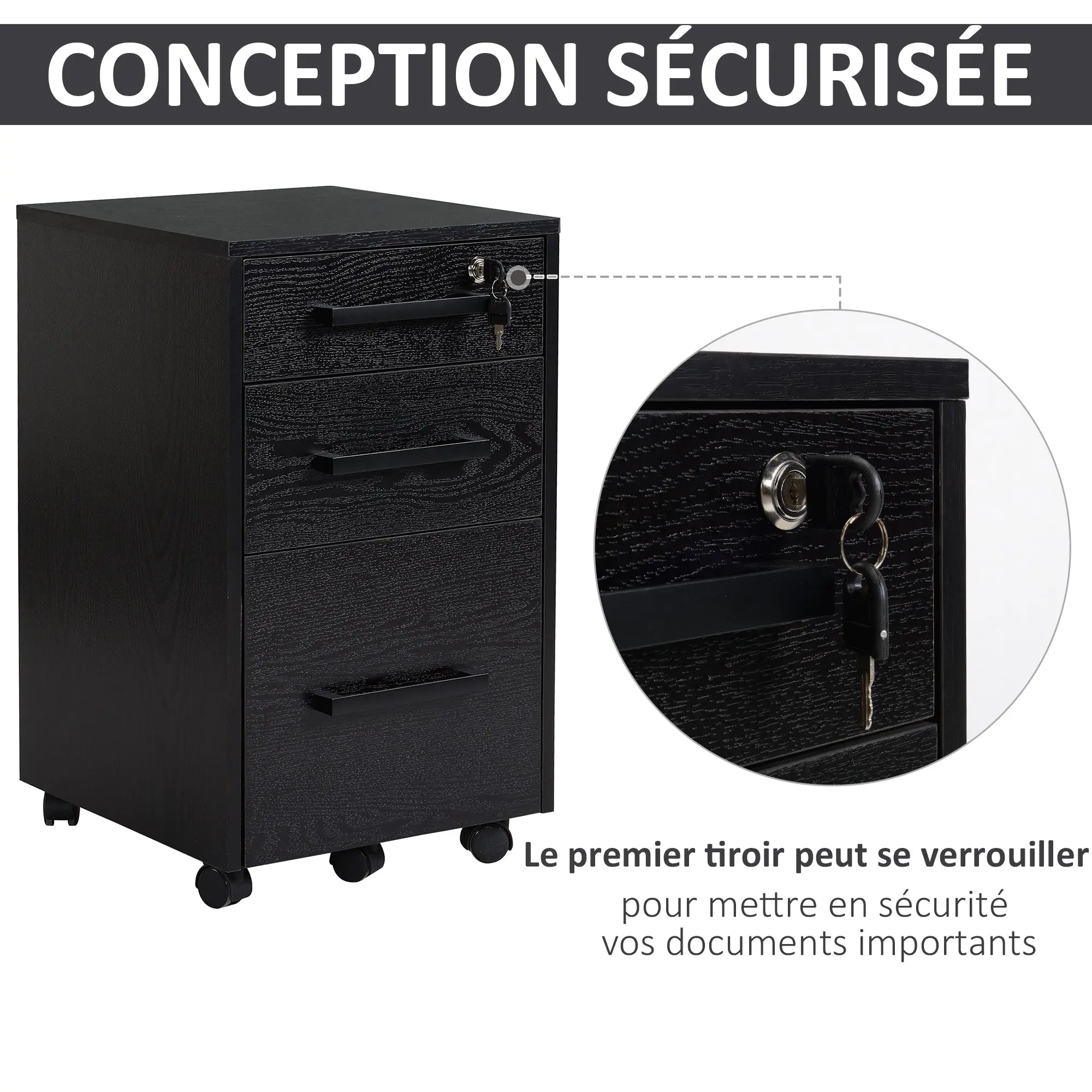 Office Cabinet Storage Cabinet on Wheels 3 Drawers 1 Lockable 1 File Sorter MDF Particle Boards Black