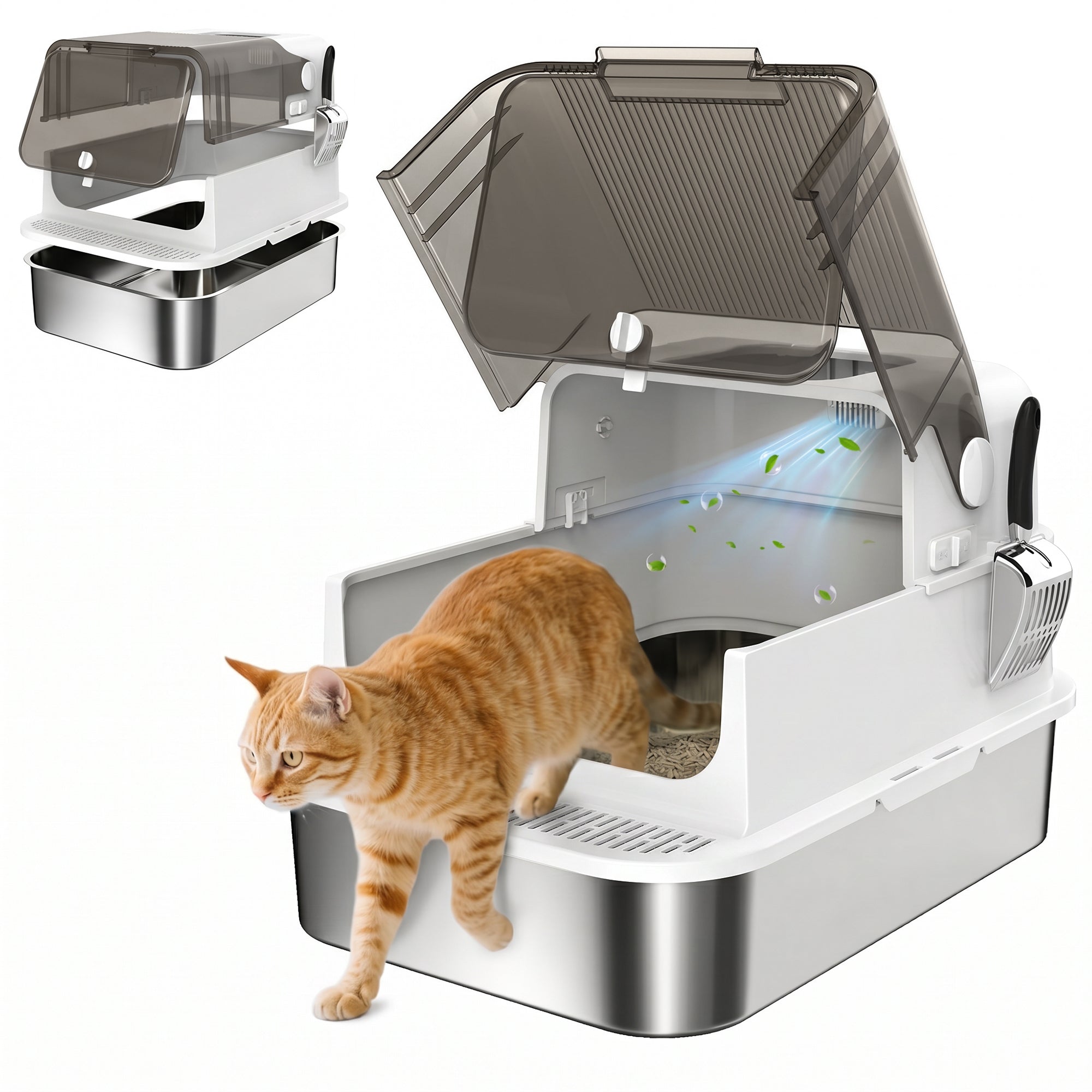 XXL Stainless Steel Enclosed Cat Litter Box – Flip-Top Hood, High Sides, Top Entry, Scoop, Odor Control, Easy to Clean, Leakproof, White